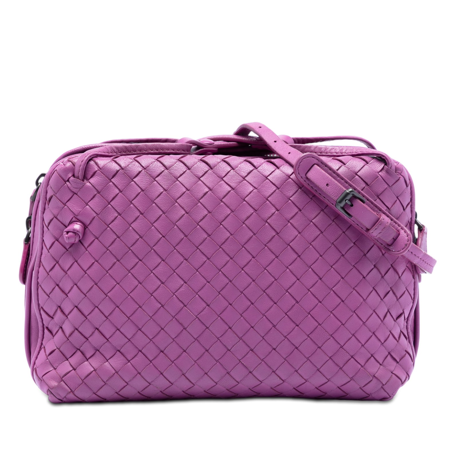 Bottega Veneta Nodini Purple Woven Leather Double Zip Crossbody Bag: Bottega Veneta Nodini Purple Woven Leather Double Zip Crossbody Bag This Bottega Veneta Nappa Intrecciato Nodini Double Zip Crossbody bag features a woven leather exterior in purple with an adjustable