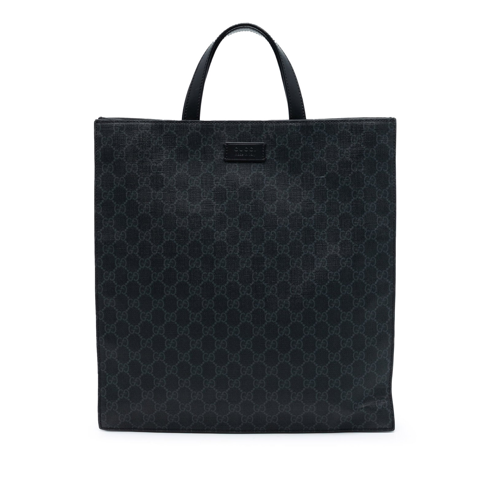 GG Supreme Convertible Soft Tote Bag by Gucci Black Coated Canvas: GG Supreme Convertible Soft Tote Bag by Gucci Black Coated Canvas This Gucci GG Supreme Convertible Soft Tote features a coated canvas exterior with flat leather handles and an open top secured by a m