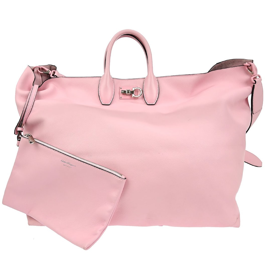 Salvatore Ferragamo Gancini Pink Leather Medium 2way Top Handle Bag: Salvatore Ferragamo Gancini Pink Leather Medium 2way Top Handle Bag This elegant Salvatore Ferragamo Pink Gancini 2-way handbag combines style with functionality. Crafted from high-quality leather, it