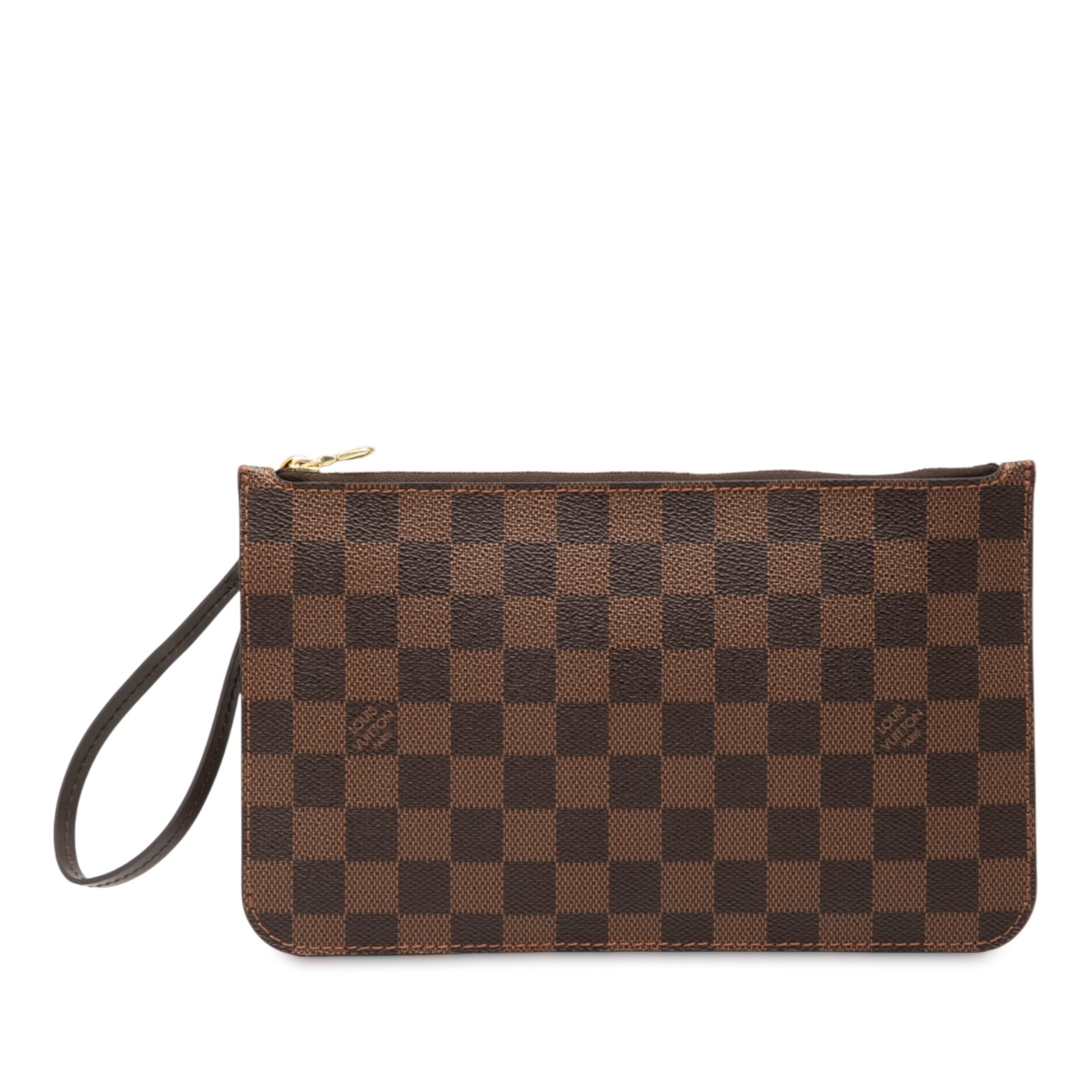 Louis Vuitton Neverfull MM Damier Ebene Canvas Brown Wristlet Pouch: Louis Vuitton Neverfull MM Damier Ebene Canvas Brown Wristlet Pouch This Louis Vuitton Damier Ebene Neverfull Pouch MM features the signature Damier Ebene canvas body with a detachable leather wrist s