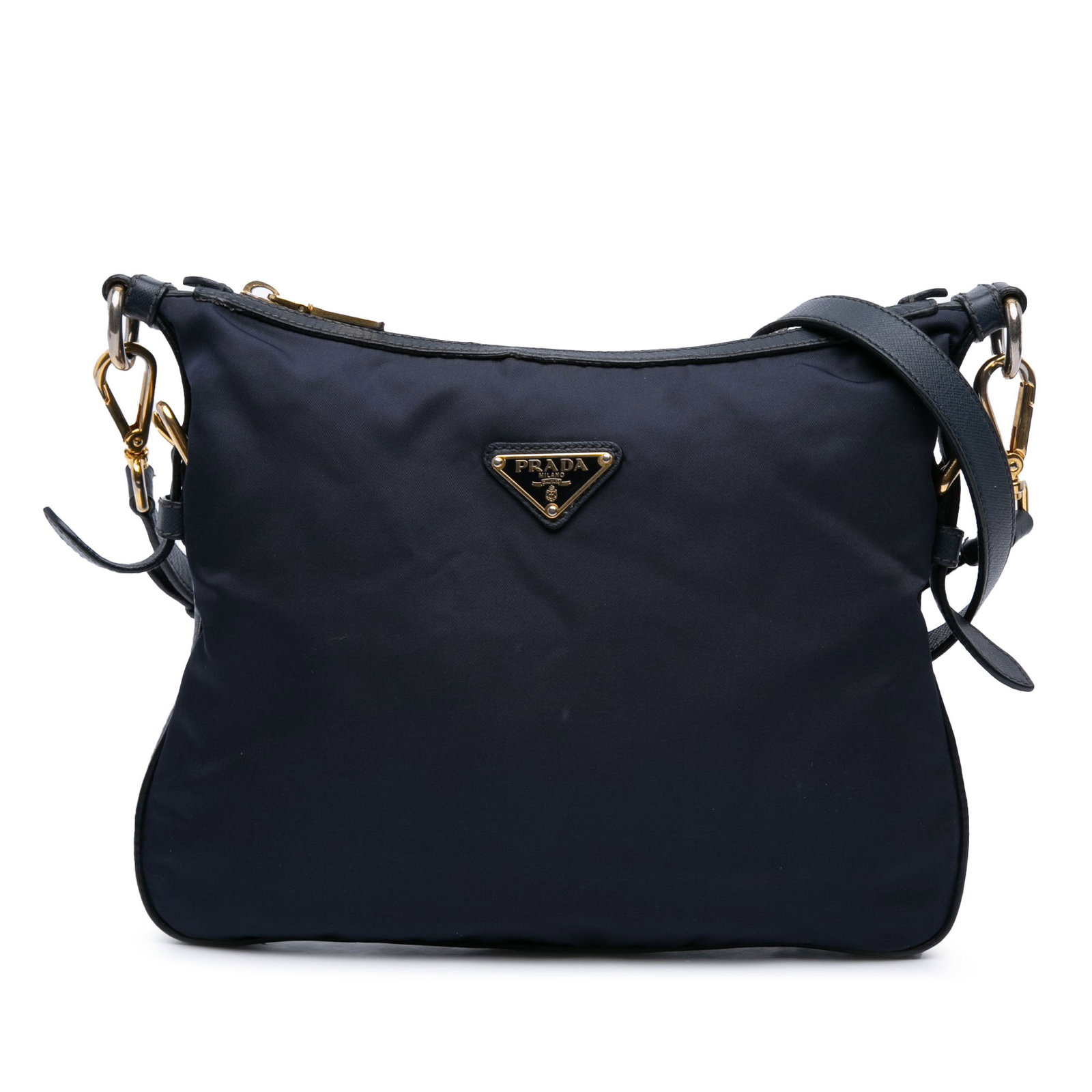 Blue Prada Tessuto Nylon Crossbody Bag with Saffiano Leather Trim: Blue Prada Tessuto Nylon Crossbody Bag with Saffiano Leather Trim This Prada Saffiano Trimmed Tessuto Zip Top Crossbody bag features a blue nylon body complemented by saffiano leather trim. It is desi