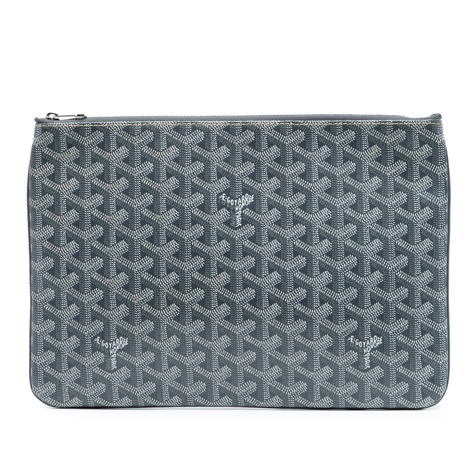 Goyard Senat MM Gray Coated Canvas Zip Pouch: Goyard Senat MM Gray Coated Canvas Zip Pouch This Goyardine Senat MM pouch features a coated canvas exterior in gray with a top zip closure. The pouch is designed for versatile use and showcases the s