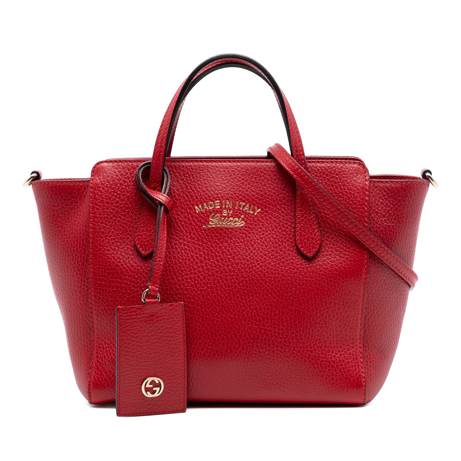 Red Leather Mini Swing Satchel by Gucci with Detachable Strap: Red Leather Mini Swing Satchel by Gucci with Detachable Strap This Gucci Mini Leather Swing Satchel features a red leather body with flat leather handles and a detachable flat leather strap. The bag i