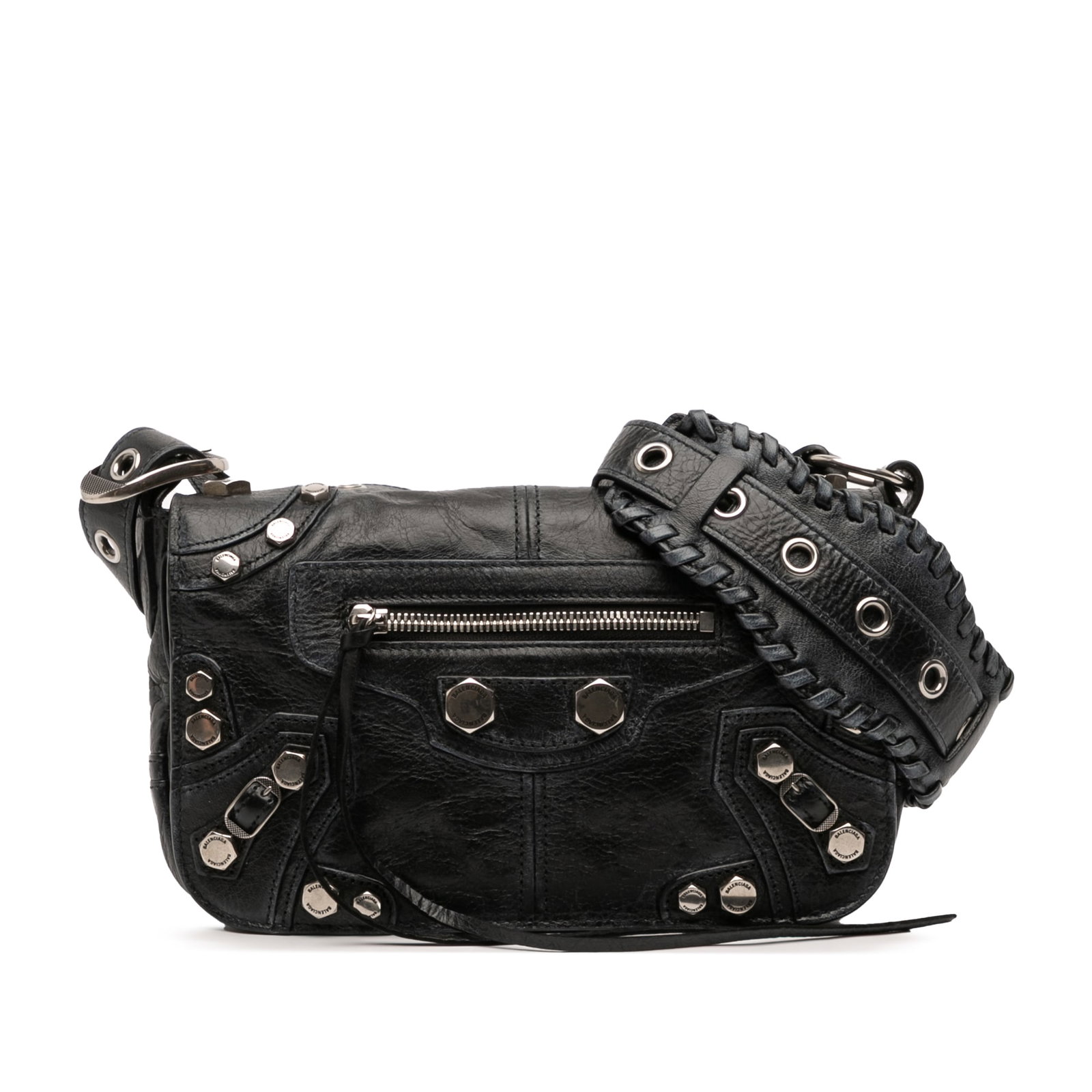 Balenciaga Le Cagole XS Lambskin Studded Flap Crossbody Bag Black: Balenciaga Le Cagole XS Lambskin Studded Flap Crossbody Bag Black This Balenciaga XS Lambskin Motocross Le Cagole Flap Crossbody bag features a black leather body with stud embellishments, an adjustab