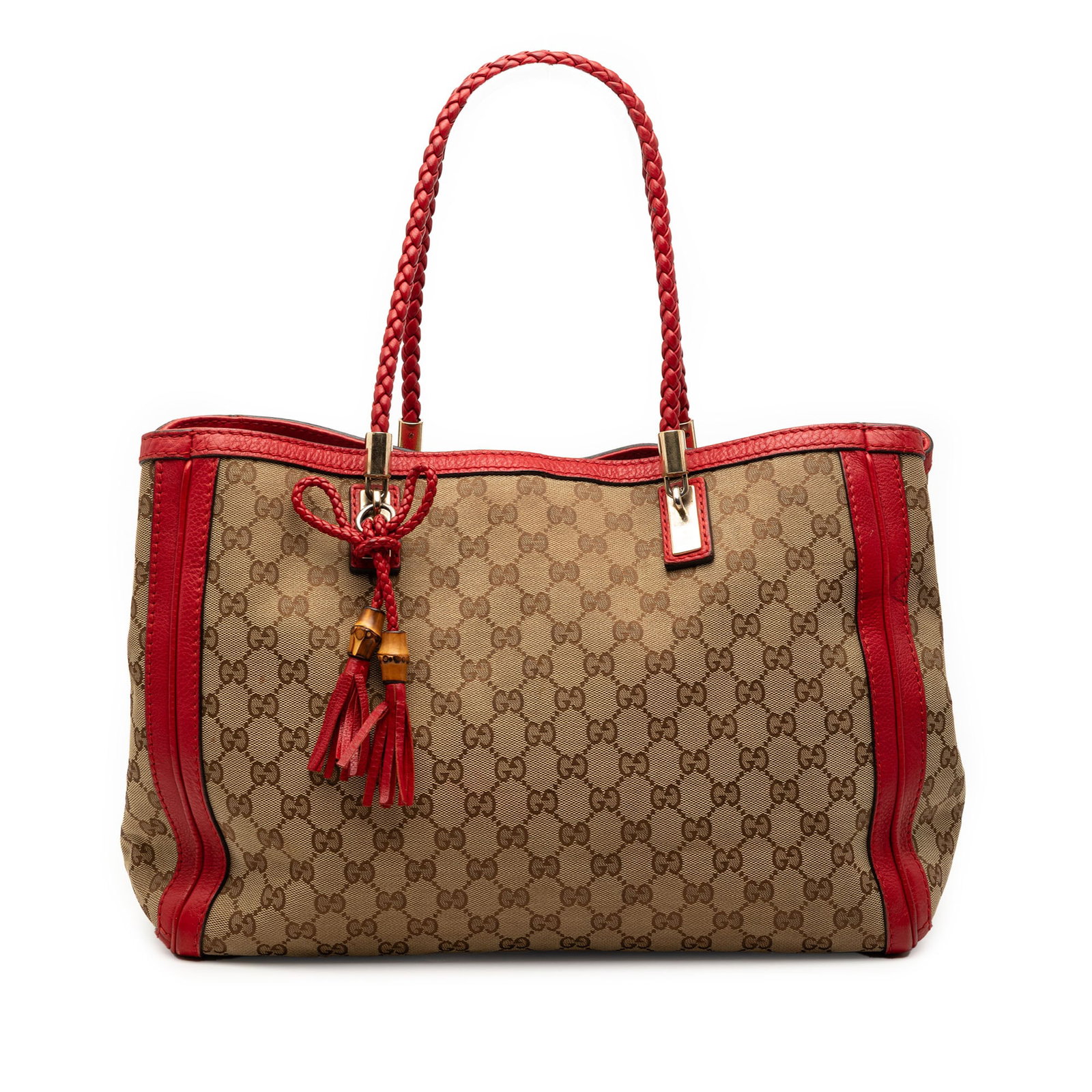 Gucci Bella Tote Medium GG Canvas Beige Leather Trim Bag Italy: Gucci Bella Tote Medium GG Canvas Beige Leather Trim Bag Italy This Gucci Medium GG Canvas Bella Tote features a beige canvas body with leather trim and braided leather straps. The bag has an open top