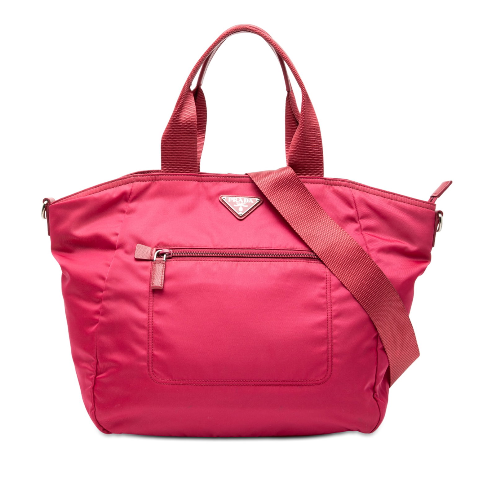 Prada Pink Tessuto Nylon Satchel with Detachable Strap and Zip Pockets: Prada Pink Tessuto Nylon Satchel with Detachable Strap and Zip Pockets This Prada Tessuto Satchel features a pink nylon fabric body with rolled handles and a detachable flat strap. The bag is designed