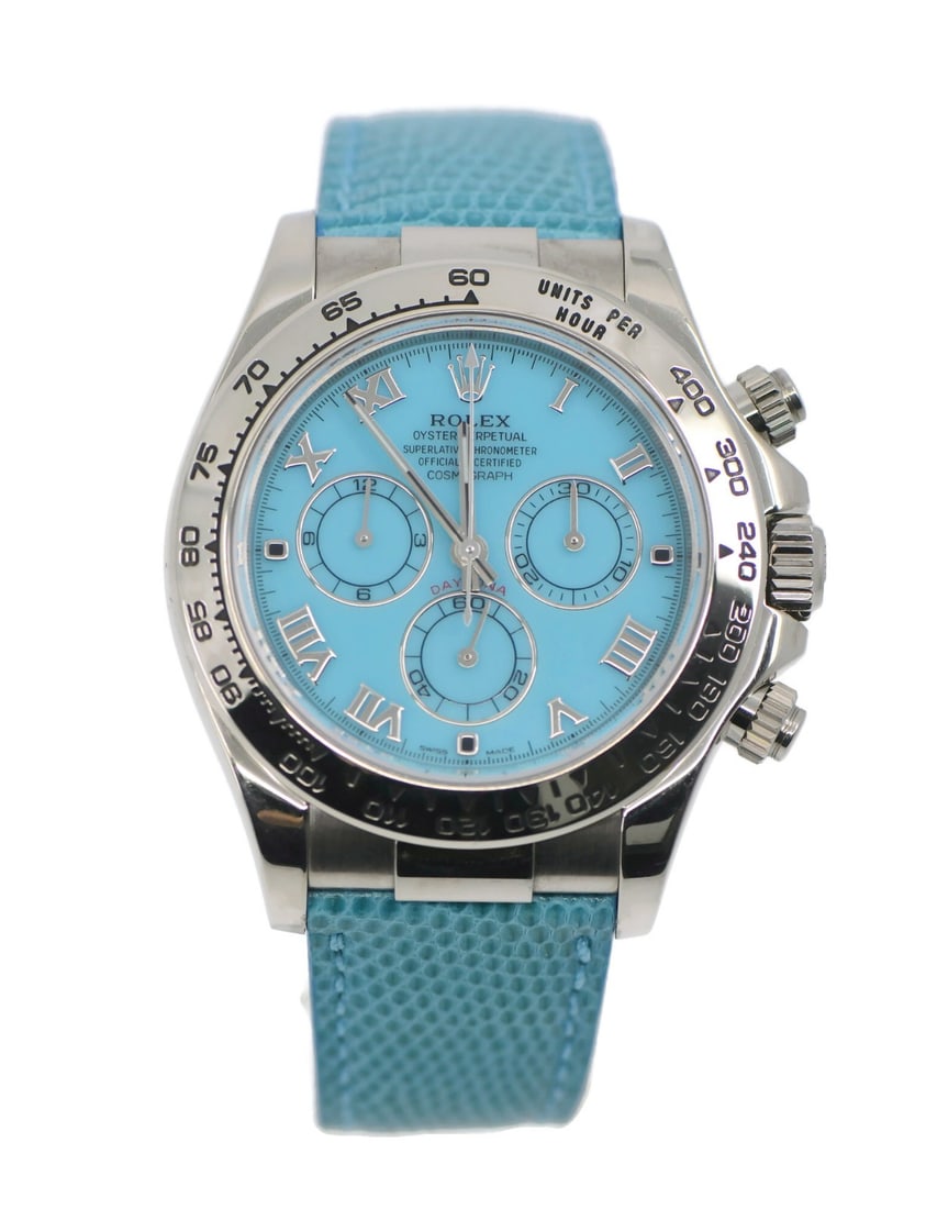 Daytona Beach Blue Dial 18K White Gold Automatic Watch 116519 With Box and Papers: Daytona Beach Blue Dial 18K White Gold Automatic Watch 116519 With Box and Papers This Rolex Daytona Beach wristwatch features a 40 mm case crafted from 18K white gold and is designed for unisex adult