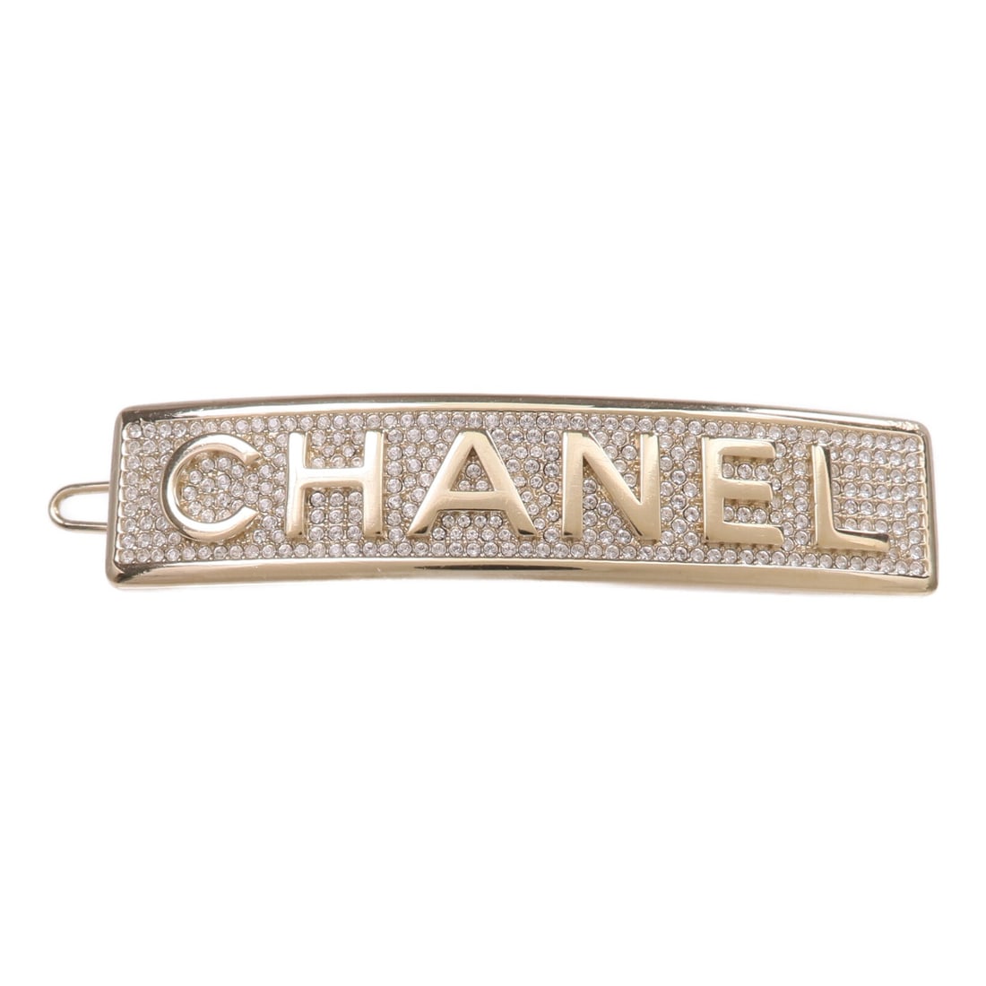 Chanel Gold Tone CC Logo Hair Barrette for Women: Chanel Gold Tone CC Logo Hair Barrette for Women This CHANEL CC hair clip features a gold-colored metal frame with a clear accent, designed for women. The barrette style adds a touch of elegance to an