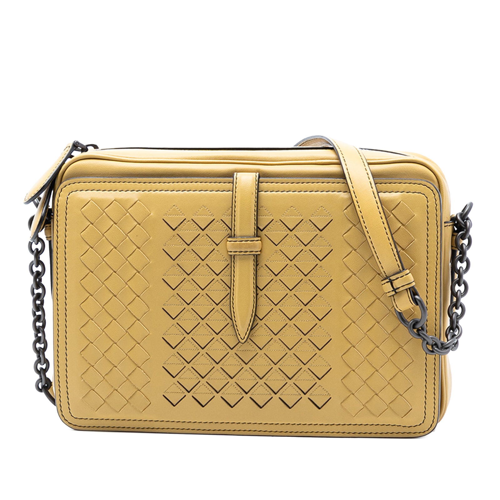 Yellow Bottega Veneta Intrecciato Nappa Leather Camera Shoulder Bag: Yellow Bottega Veneta Intrecciato Nappa Leather Camera Shoulder Bag This Bottega Veneta Nappa Intrecciato Belt Flap Camera Bag features a distinctive woven nappa leather body in yellow, complemented b