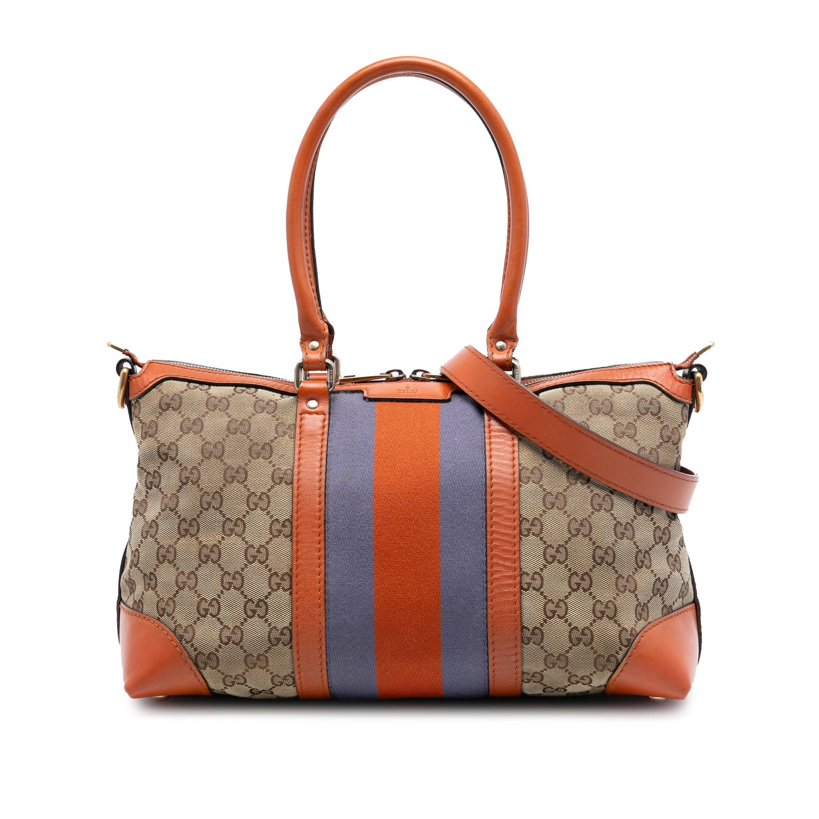 Gucci GG Canvas Web Brown Satchel with Leather Trim and Strap: Gucci GG Canvas Web Brown Satchel with Leather Trim and Strap This Gucci GG Canvas Web Satchel features a brown canvas body with leather trim, rolled leather handles, a detachable flat leather strap, 