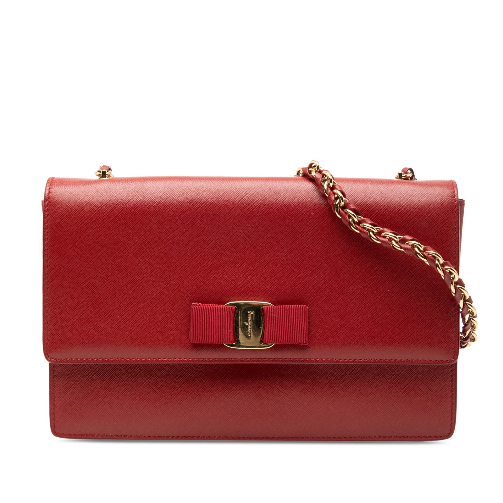 Ferragamo Vara Ginny Medium Red Leather Crossbody Shoulder Bag: Ferragamo Vara Ginny Medium Red Leather Crossbody Shoulder Bag This Ferragamo Medium Leather Vara Ginny Crossbody bag features a red leather body with a leather-woven chain strap, a top flap with magn