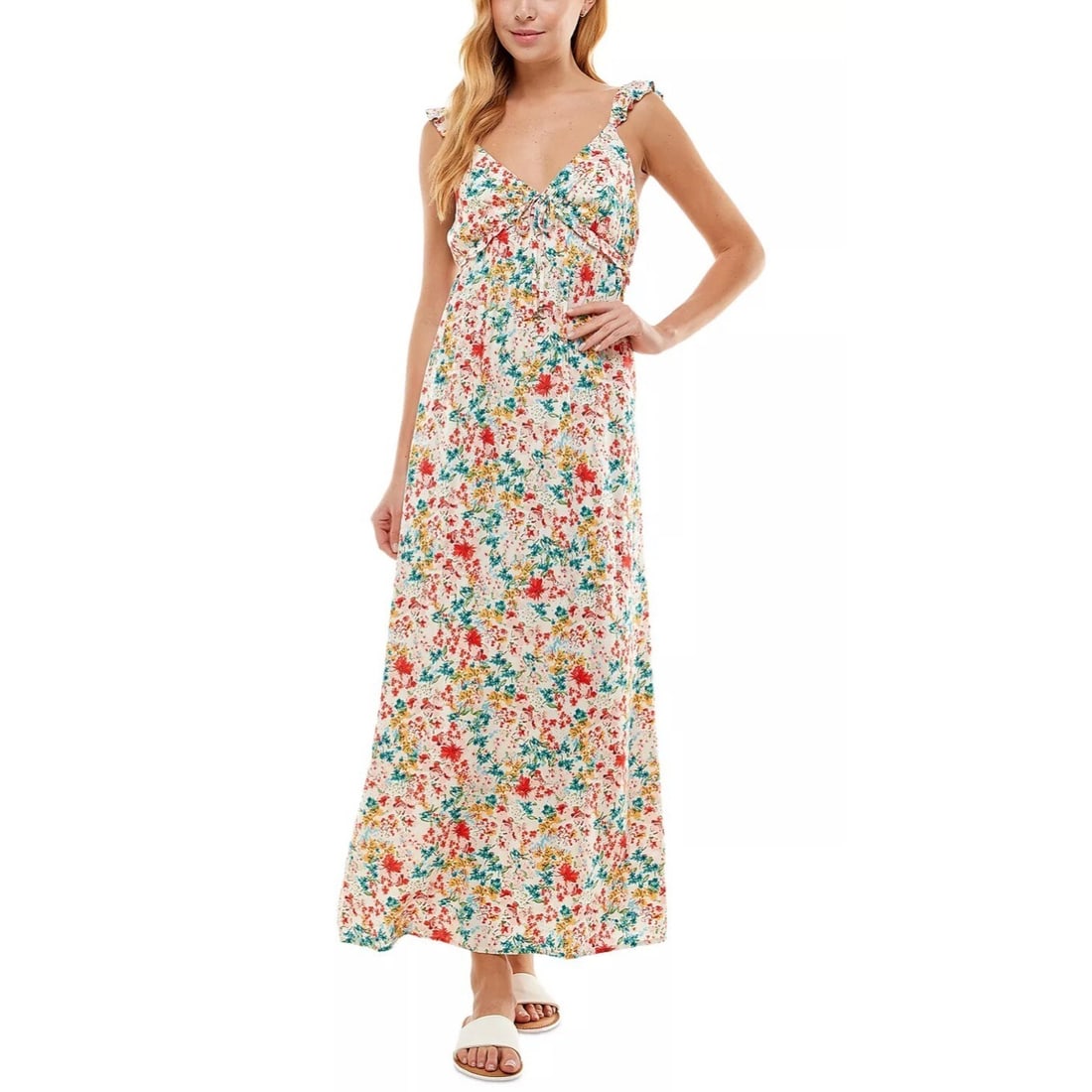 KINGSTON GREY Floral-Print Maxi Dress Sleeveless V-Neck Cream M (1 of 3)