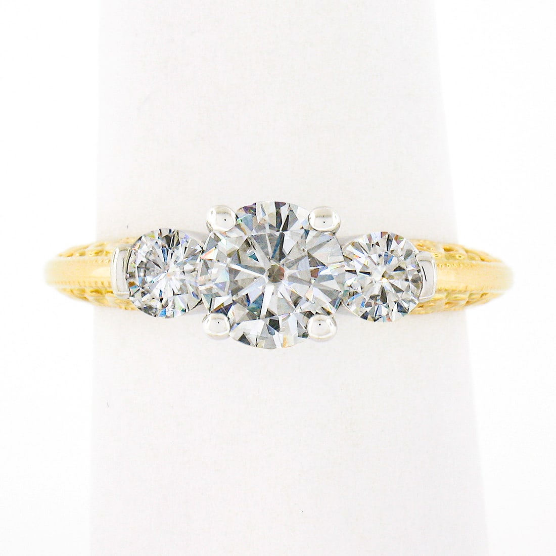 14K Two Tone Gold Moissanite 3 Stone Prong Engagement Ring with Scroll Work (1 of 8)
