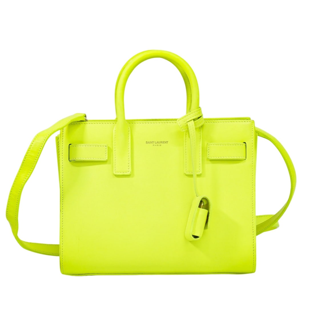Yellow Leather Sac de Jour NM Bag by Saint Laurent 22cm: Yellow Leather Sac de Jour NM Bag by Saint Laurent 22cm This Saint Laurent Sac de Jour NM Bag is crafted from yellow leather and designed for women. The pre-owned bag displays signs of use, including 