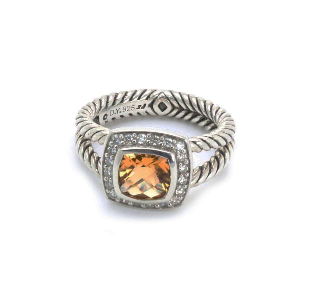 Petite Albion Citrine and Diamond Cable Sterling Ring by David Yurman Size 6: Petite Albion Citrine and Diamond Cable Sterling Ring by David Yurman Size 6 This authentic David Yurman Petite Albion ring features a square-cut citrine gemstone at its center, framed by approximatel