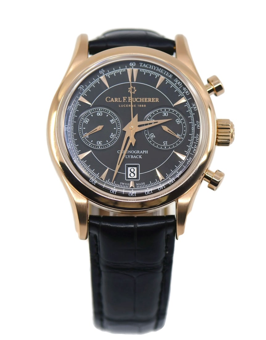 Carl F. Bucherer Manero Flyback Chronograph 18K Rose Gold 43mm Watch: Carl F. Bucherer Manero Flyback Chronograph 18K Rose Gold 43mm Watch Experience the elegance of the Carl F. Bucherer Manero Flyback Chronograph, crafted from luxurious 18K rose gold. This exquisite wr