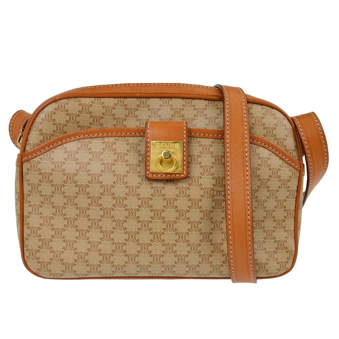 Celine Macadam Small Beige PVC and Leather Shoulder Bag: Celine Macadam Small Beige PVC and Leather Shoulder Bag This Celine Macadam shoulder bag features a beige PVC exterior with leather accents and the iconic logo design. Designed for casual occasions, i