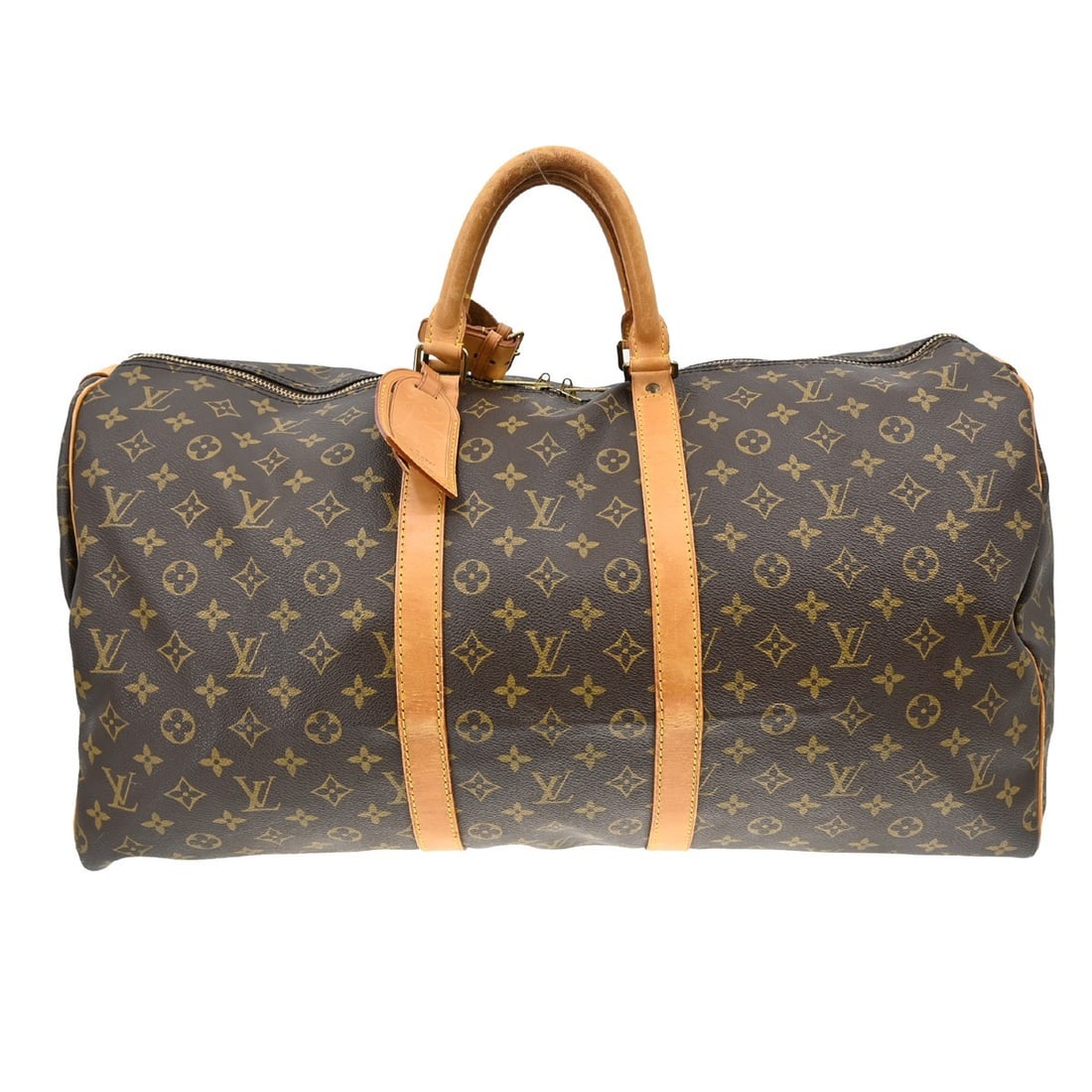 Keepall Monogram Canvas Travel Bag by Louis Vuitton Brown 55cm: Keepall Monogram Canvas Travel Bag by Louis Vuitton Brown 55cm This Louis Vuitton Keepall Bag features the iconic monogram canvas in brown. Designed for unisex use, it shows signs of wear consistent w