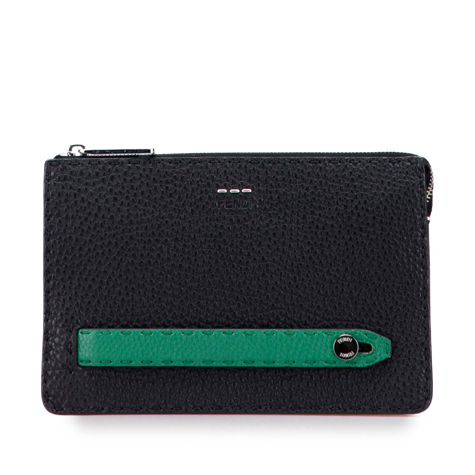 Fendi Black Leather Selleria Clutch Bag with Zip Closure: Fendi Black Leather Selleria Clutch Bag with Zip Closure The Fendi Leather Selleria Clutch is a sophisticated accessory crafted from high-quality leather. This elegant clutch features a secure top zip