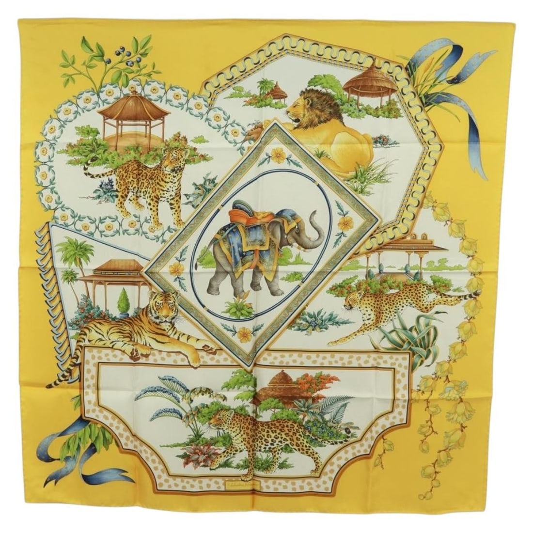Salvatore Ferragamo Silk Scarf Featuring Wild Cat Motifs 35.4 Inch Yellow: Salvatore Ferragamo Silk Scarf Featuring Wild Cat Motifs 35.4 Inch Yellow This Salvatore Ferragamo silk scarf features a vibrant yellow color and showcases elegant animal motifs including elephant, ch