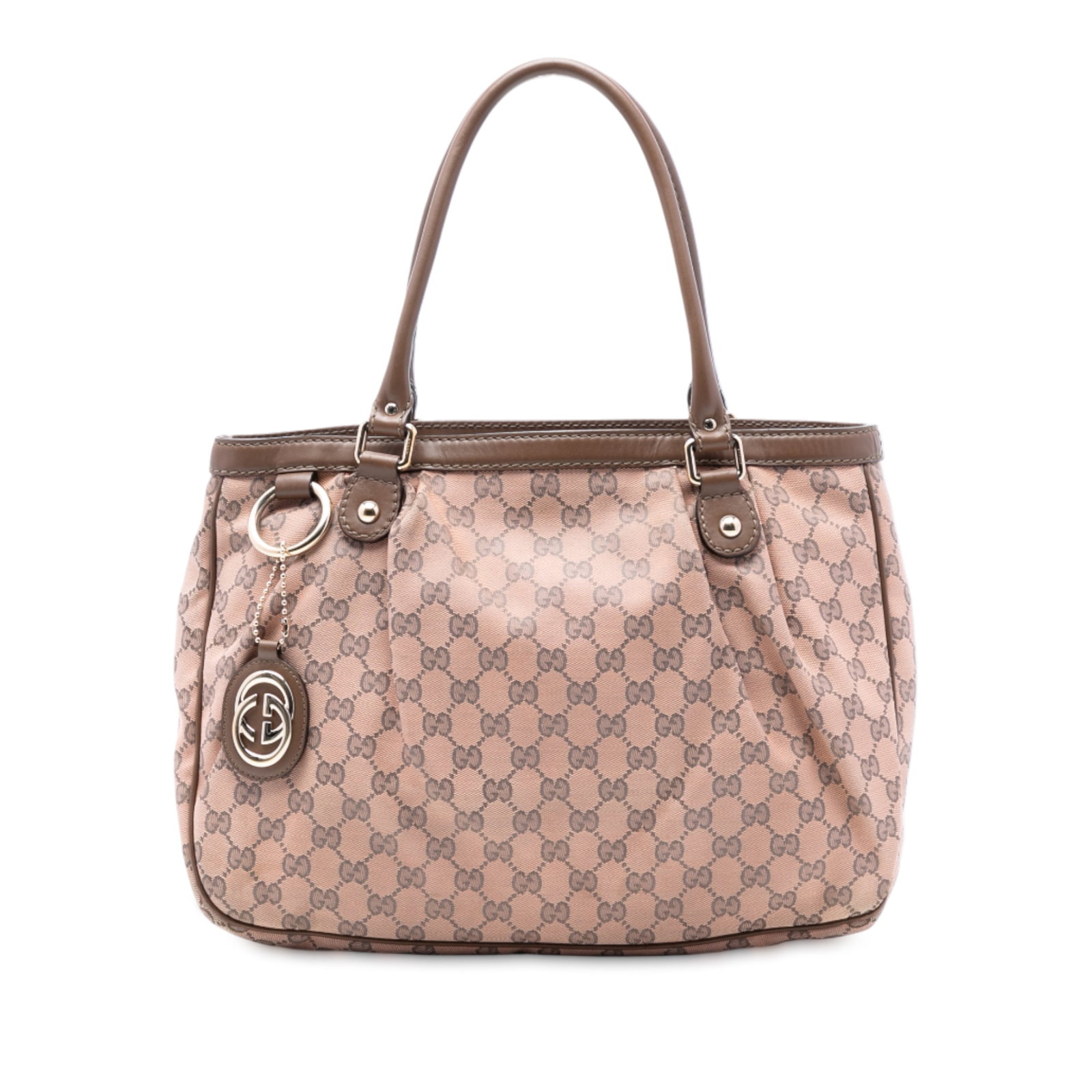 Gucci Sukey Tote Pink Canvas with Leather Trim: Gucci Sukey Tote Pink Canvas with Leather Trim The Gucci GG Canvas Sukey Tote features a canvas body with leather trim, rolled leather handles, an open top with a magnetic snap button closure, and an 