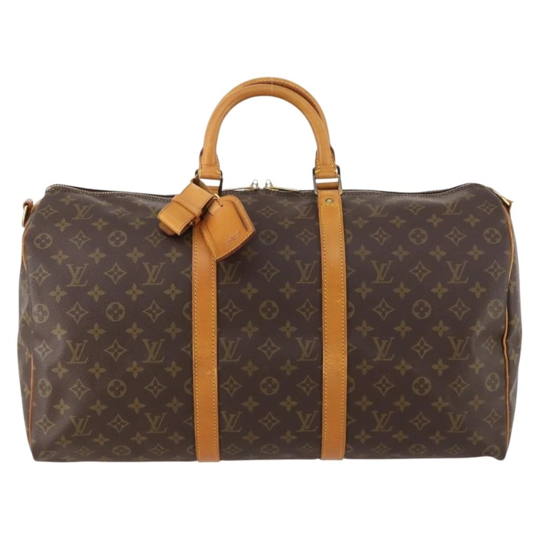 Louis Vuitton Keepall Monogram Canvas Unisex Travel Bag 50cm: Louis Vuitton Keepall Monogram Canvas Unisex Travel Bag 50cm This Louis Vuitton Keepall Bag features the signature monogram canvas design in brown. Designed for unisex use, the bag shows surface wear,