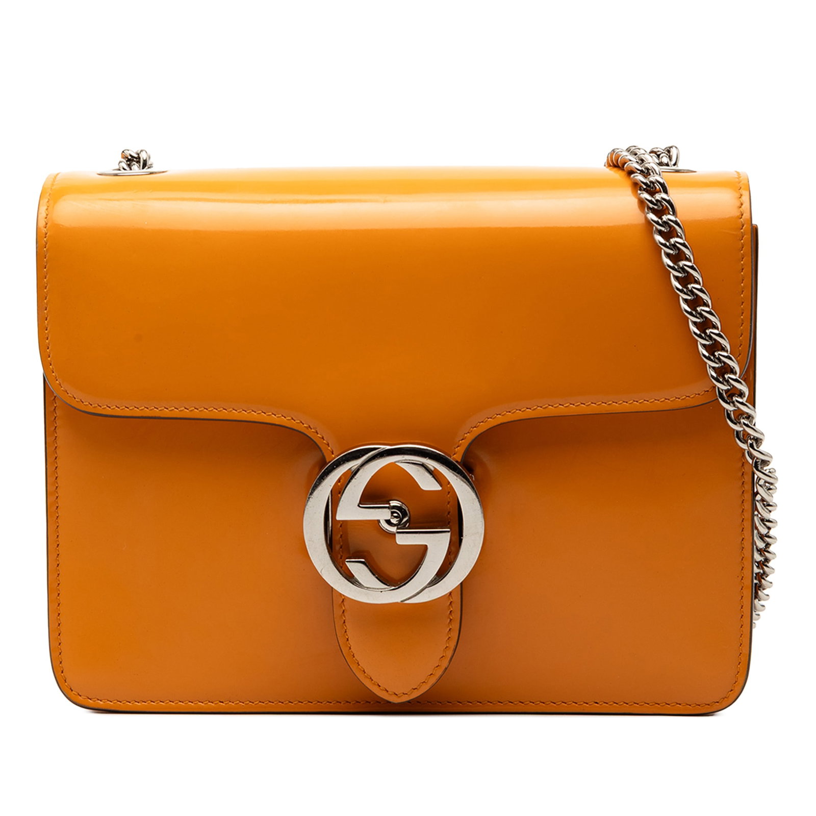 Gucci Interlocking G Small Orange Leather Flap Chain Crossbody Bag: Gucci Interlocking G Small Orange Leather Flap Chain Crossbody Bag This Gucci Small Polished Calfskin Interlocking G Dollar Crossbody bag features a polished orange leather body, a chain link shoulder