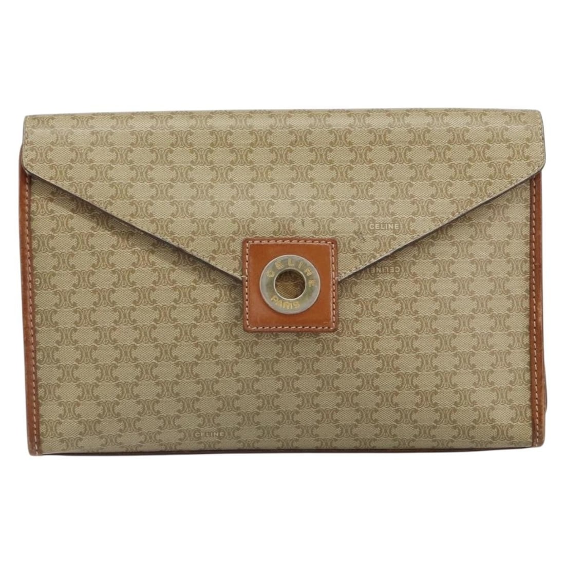 Circle Logo Macadam Canvas and Leather Pouch by Celine: Circle Logo Macadam Canvas and Leather Pouch by Celine This Celine Circle Logo Macadam pouch is crafted from beige canvas with leather accents. Designed for women, it features the signature circle log