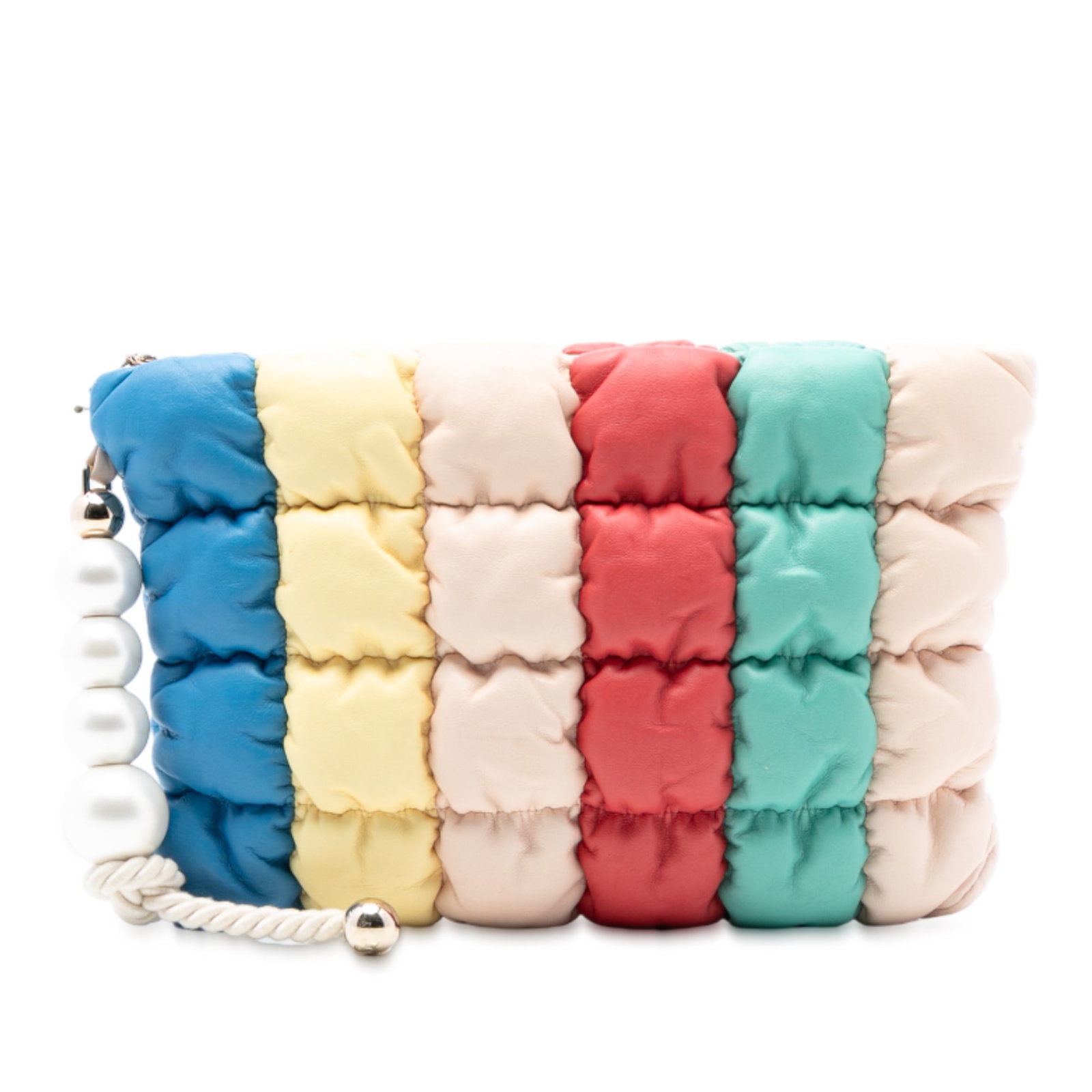 Chanel Multicolor Lambskin Clutch with Faux Pearl Strap and CC Logo: Chanel Multicolor Lambskin Clutch with Faux Pearl Strap and CC Logo This Chanel clutch features a multicolored padded lambskin leather body with a faux pearl strap, a top zip closure, and an interior 