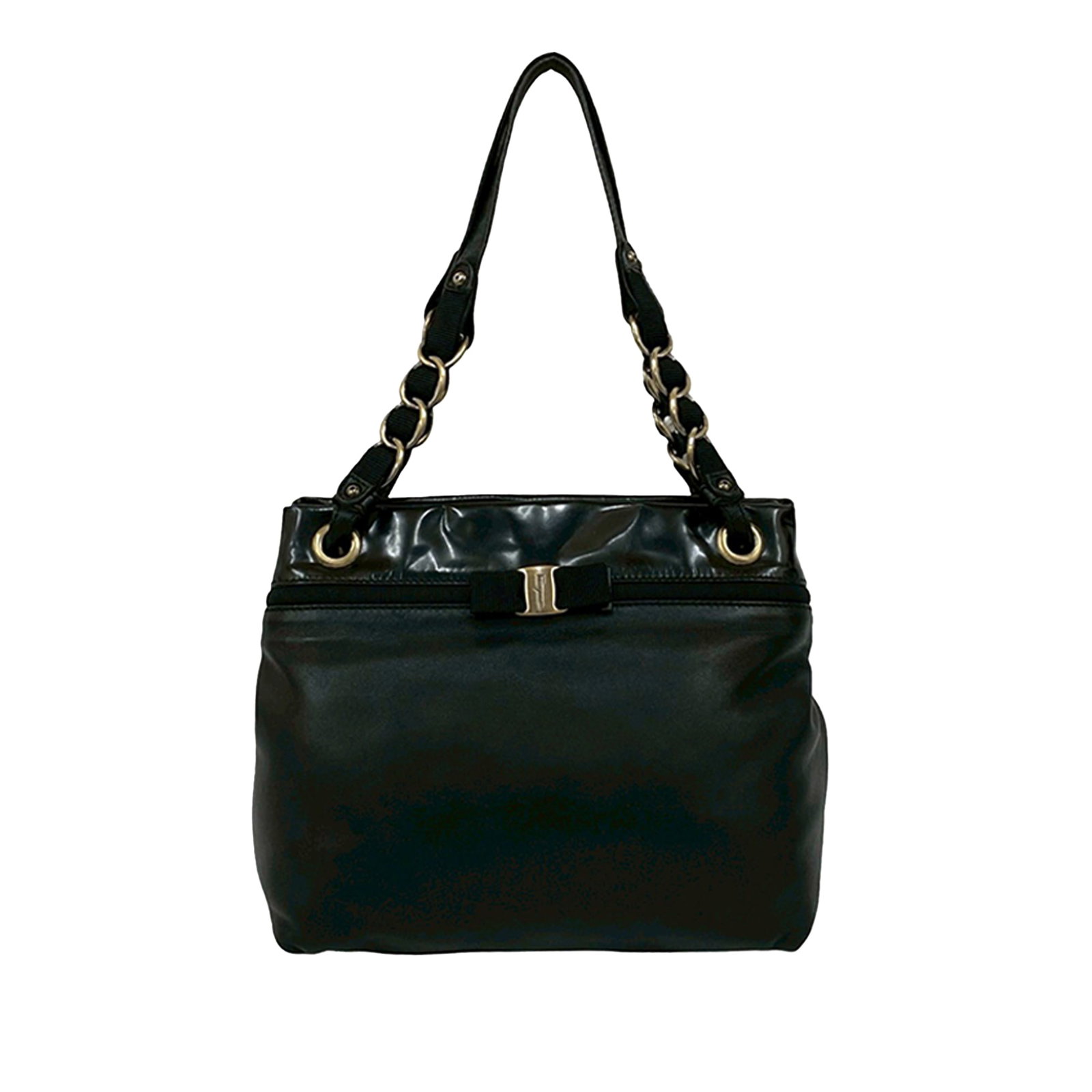 Salvatore Ferragamo Vara Bow Black Leather Chain Strap Shoulder Bag: Salvatore Ferragamo Vara Bow Black Leather Chain Strap Shoulder Bag This Ferragamo Leather Vara Bow Shoulder Bag features a black leather body with patent leather trim, leather-woven chain straps, and