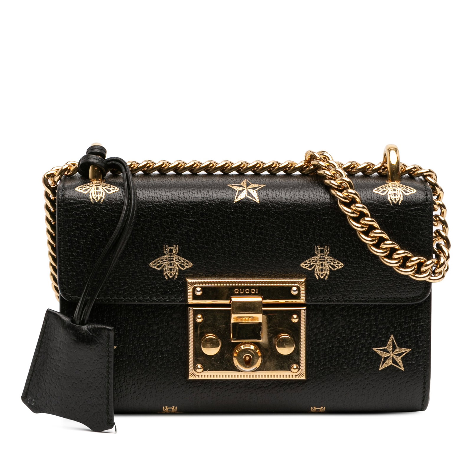 Gucci Bee Star Padlock Small Black Leather Crossbody Bag: Gucci Bee Star Padlock Small Black Leather Crossbody Bag This Gucci Small Leather Bee Star Padlock Crossbody is crafted from black leather and features a chain link shoulder strap, a front flap with a