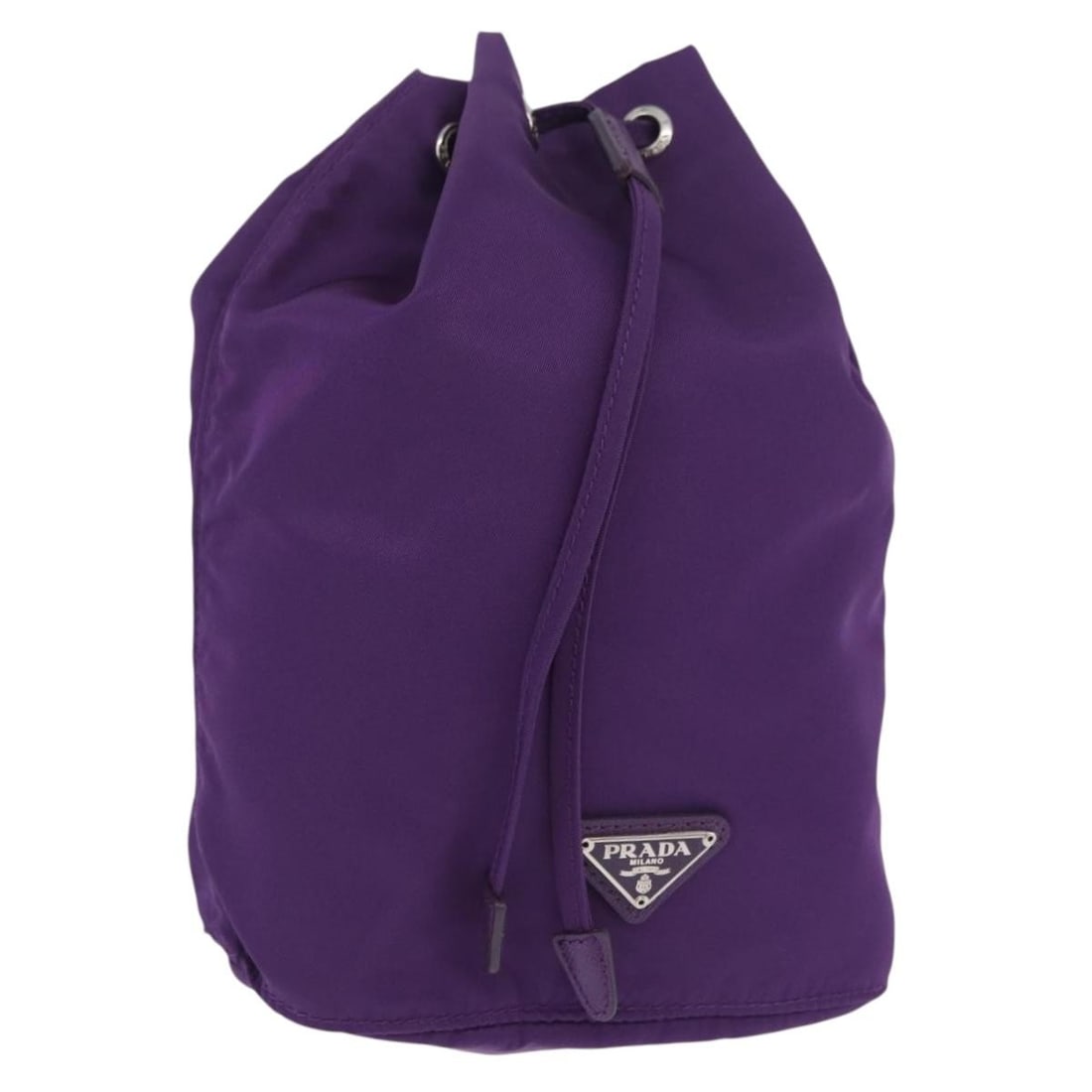 Prada Nylon Purple Drawstring Pouch with Silver Accents 1N0369: Prada Nylon Purple Drawstring Pouch with Silver Accents 1N0369 This PRADA drawstring pouch features a sleek design crafted from durable nylon in a stylish purple and silver color combination. Designed