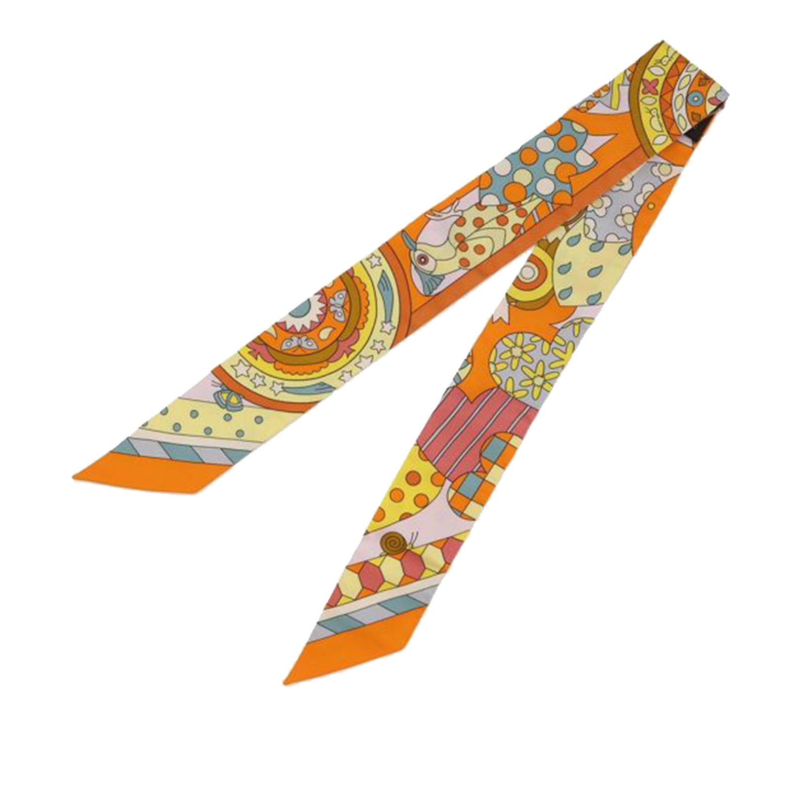 Hermes Twilly Silk Scarf Les Murmures De La Foret Print Orange: Hermes Twilly Silk Scarf Les Murmures De La Foret Print Orange This Hermes Les Murmures De La Foret Twilly scarf showcases the Les Murmures De La Foret print on 100% silk in a vibrant orange hue. It i