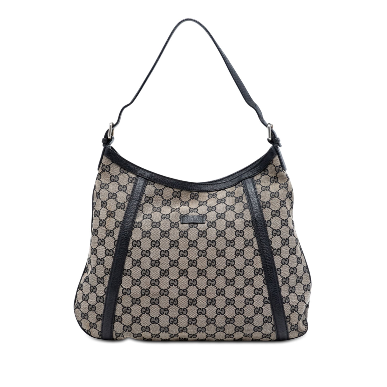 Beige GG Canvas Hobo Shoulder Bag with Leather Trim by Gucci: Beige GG Canvas Hobo Shoulder Bag with Leather Trim by Gucci This Gucci GG Canvas Hobo bag features a beige canvas body with leather trim, a flat shoulder strap, an open top with snap closure, and an 