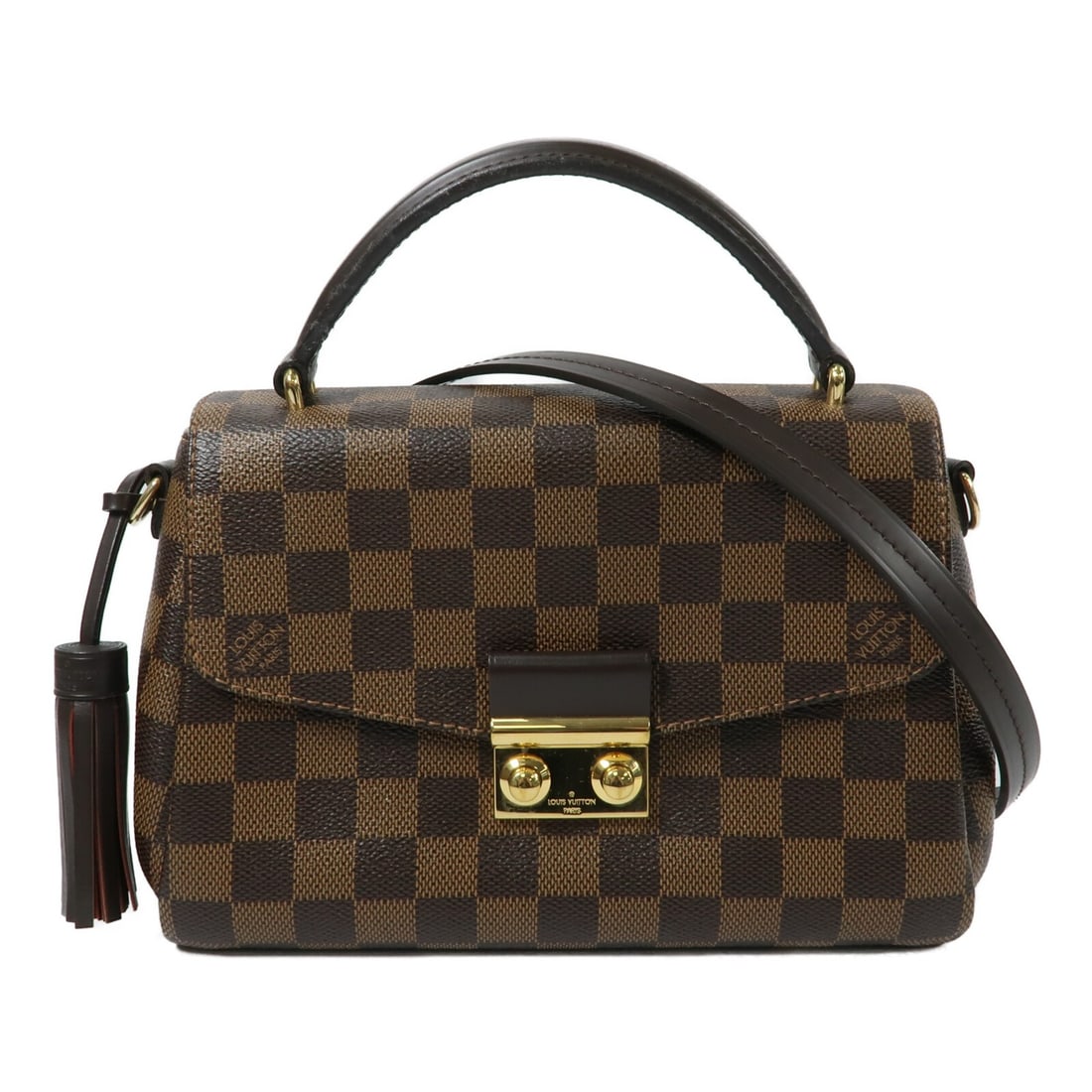 Louis Vuitton Croisette Damier Brown Shoulder Bag with Gold Hardware: Louis Vuitton Croisette Damier Brown Shoulder Bag with Gold Hardware This Louis Vuitton Croisette 2-way shoulder bag features a brown Damier pattern in PVC coated canvas, offering both durability and 