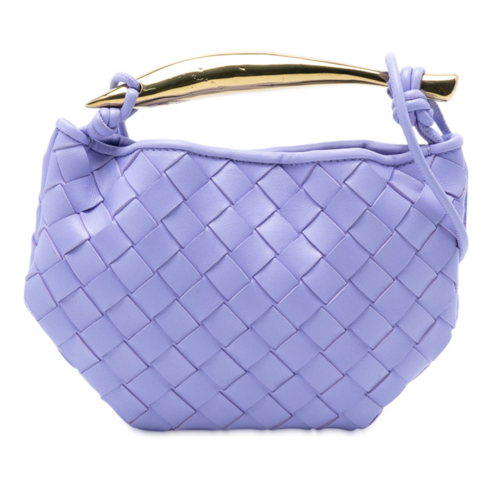 Purple Bottega Veneta Sardine Satchel in Woven Lambskin with Gold Handle: Purple Bottega Veneta Sardine Satchel in Woven Lambskin with Gold Handle This satchel features a woven lambskin leather body in purple, complemented by a gold-tone metal handle and rolled straps. It h