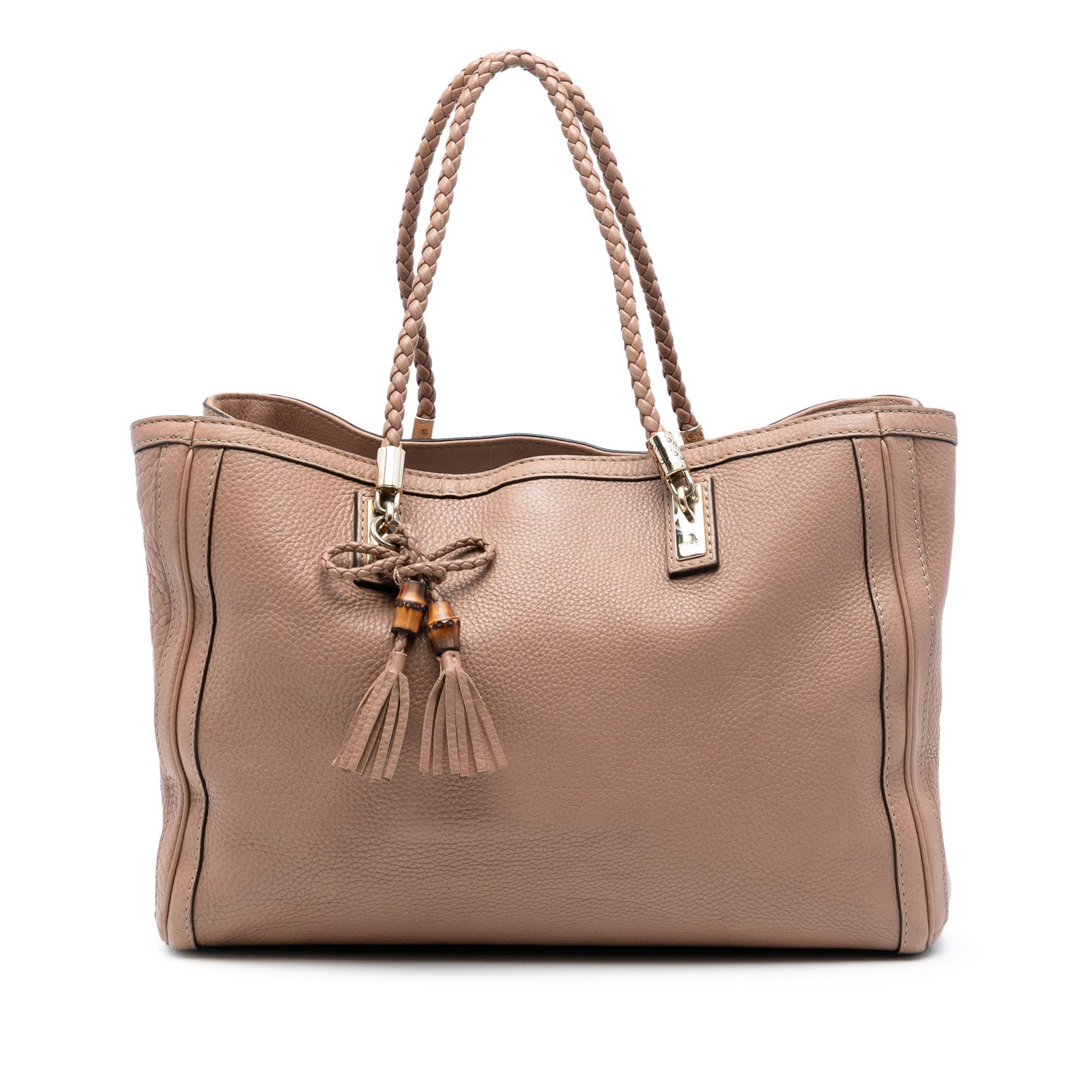 Gucci Bella Medium Brown Leather Tote Bag with Braided Handles: Gucci Bella Medium Brown Leather Tote Bag with Braided Handles This Gucci Medium Leather Bella Tote features a brown leather body with braided straps, an open top secured by a lobster clasp, and a spa