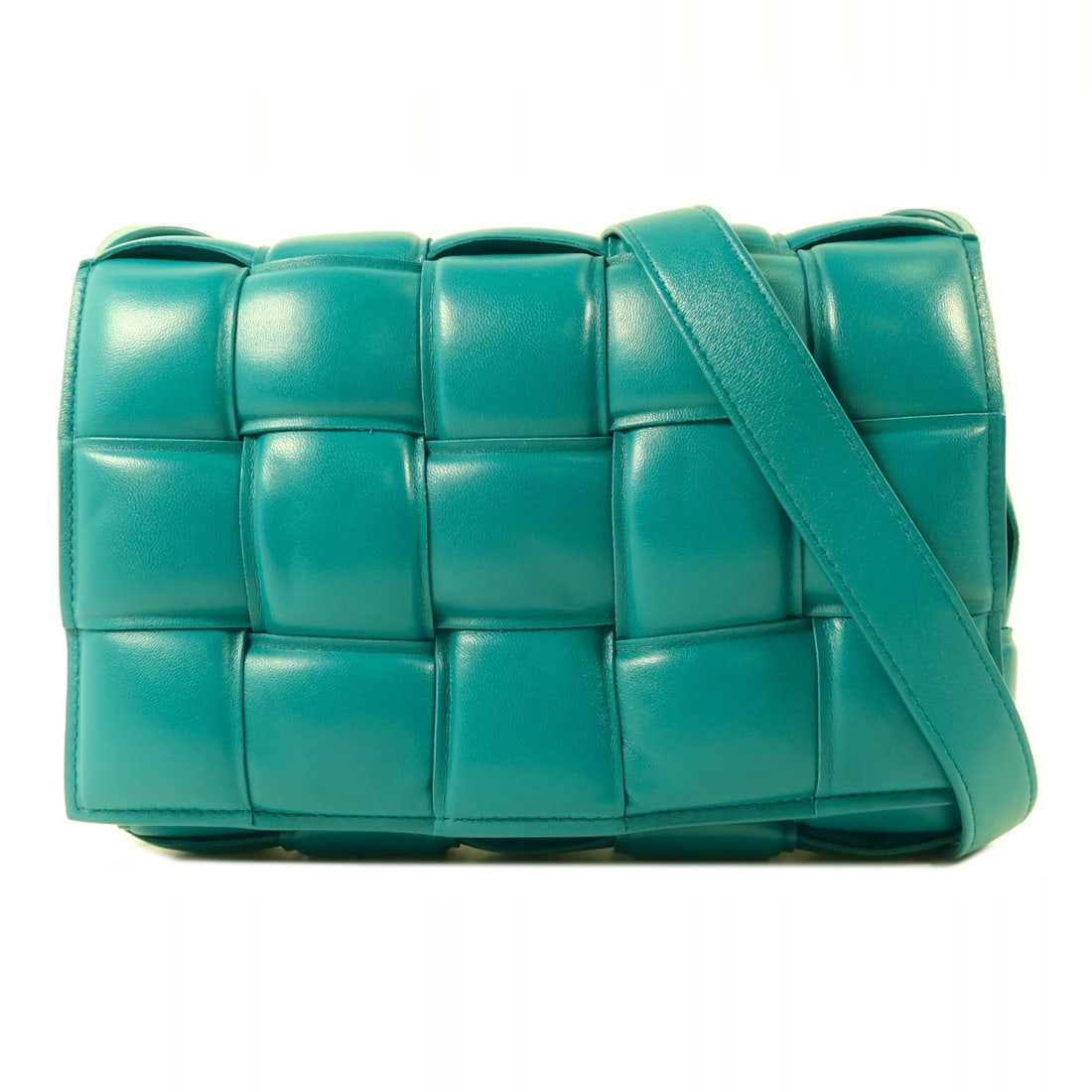 Bottega Veneta Padded Cassette Teal Lambskin Shoulder Bag with Gold Hardware: Bottega Veneta Padded Cassette Teal Lambskin Shoulder Bag with Gold Hardware This Bottega Veneta Padded Cassette shoulder bag is crafted from luxurious lambskin leather in a rich green hue. Designed f