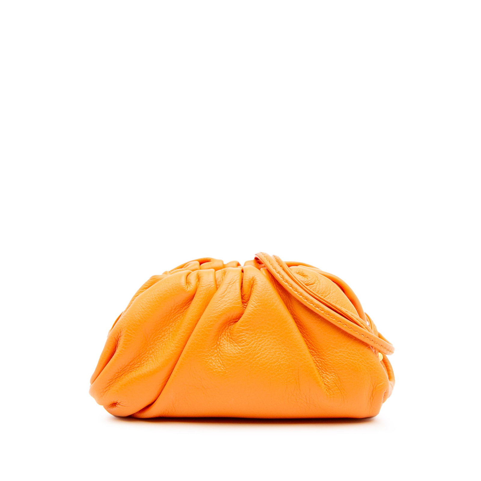 Bottega Veneta Orange Butter Calfskin Coin Purse Crossbody: Bottega Veneta Orange Butter Calfskin Coin Purse Crossbody This stylish Bottega Veneta crossbody bag is crafted from soft butter calfskin leather in a vibrant orange hue. It features a sleek leather b