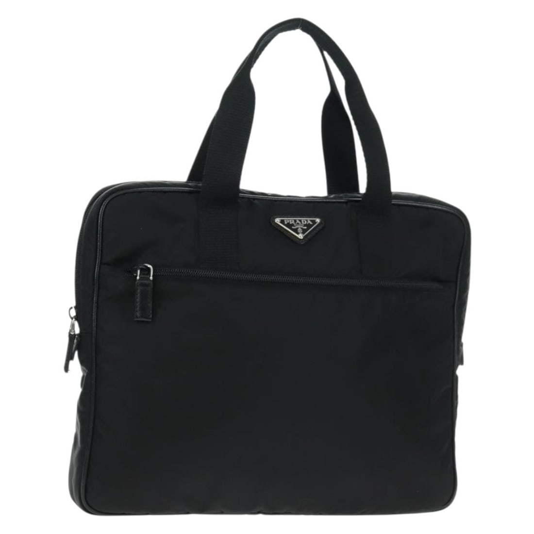 Prada Black Nylon Handbag with Silver-Tone Details and Dust Bag: Prada Black Nylon Handbag with Silver-Tone Details and Dust Bag This Prada PC case hand bag is crafted from black nylon and features silver-tone accents. The bag offers a structured silhouette with ap