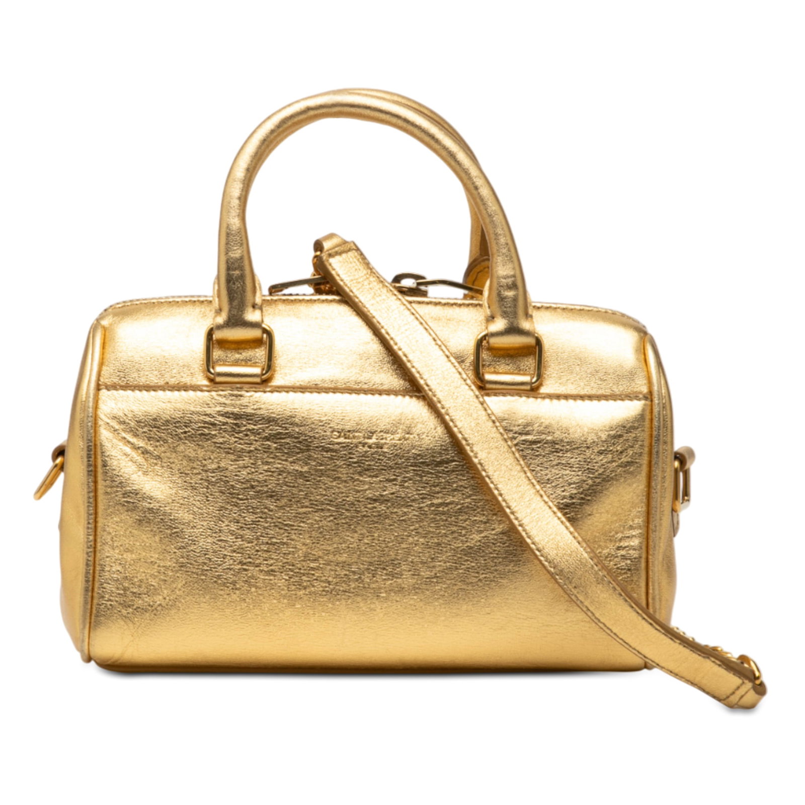 Saint Laurent Toy Gold Leather Classic Duffle Small Satchel Bag: Saint Laurent Toy Gold Leather Classic Duffle Small Satchel Bag This Saint Laurent Toy Metallic Leather Classic Duffle Satchel features a gold-tone leather body with rolled leather handles, a detachab