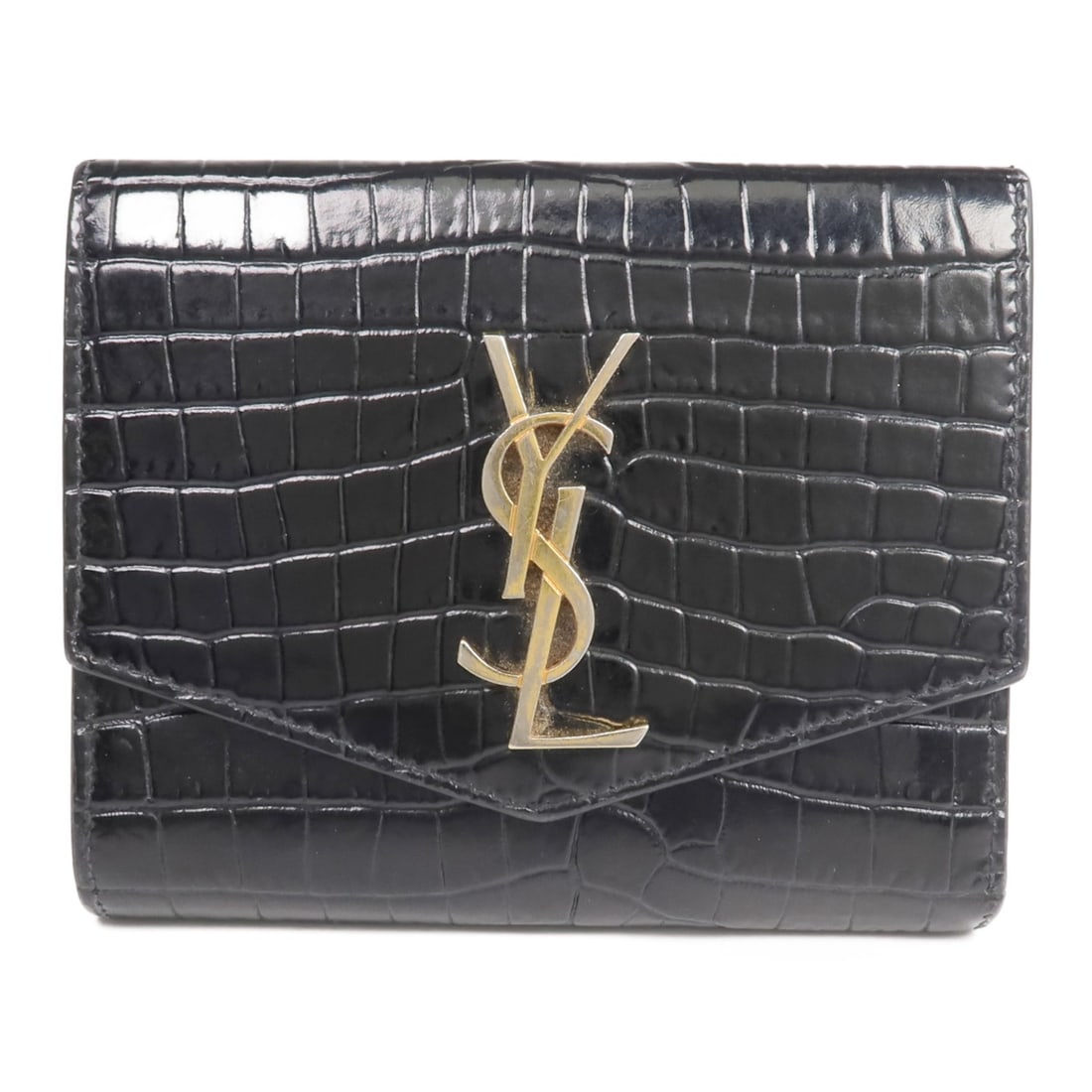 Yves Saint Laurent Uptown Compact Black Embossed Leather Trifold Wallet GHW: Yves Saint Laurent Uptown Compact Black Embossed Leather Trifold Wallet GHW This Saint Laurent Uptown compact wallet features a tri-fold design crafted from black embossed calf leather. Designed for w