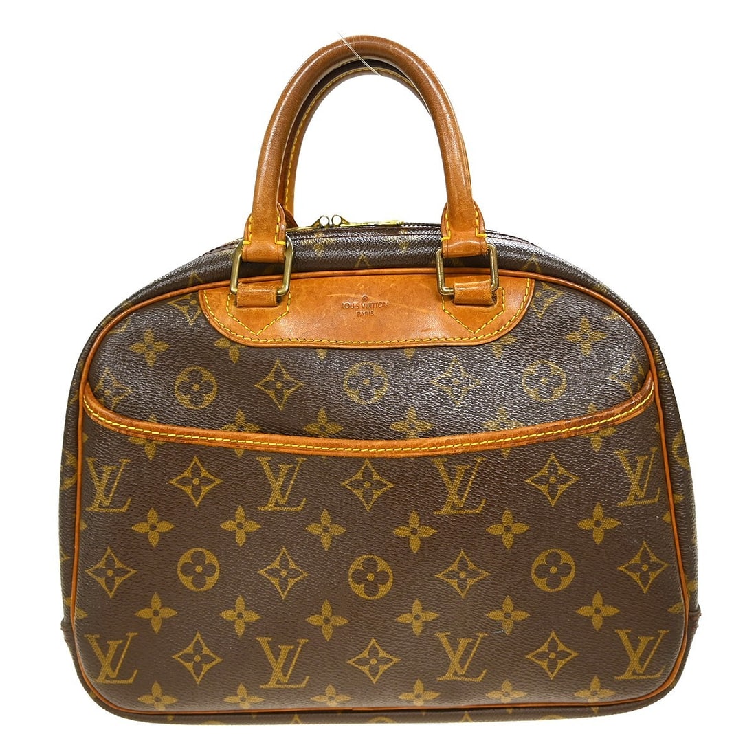 Louis Vuitton Monogram Trouville Medium Canvas Leather Handbag with Double Handles: Louis Vuitton Monogram Trouville Medium Canvas Leather Handbag with Double Handles This Louis Vuitton Trouville handbag features the iconic monogram canvas leather exterior with brown double handles a