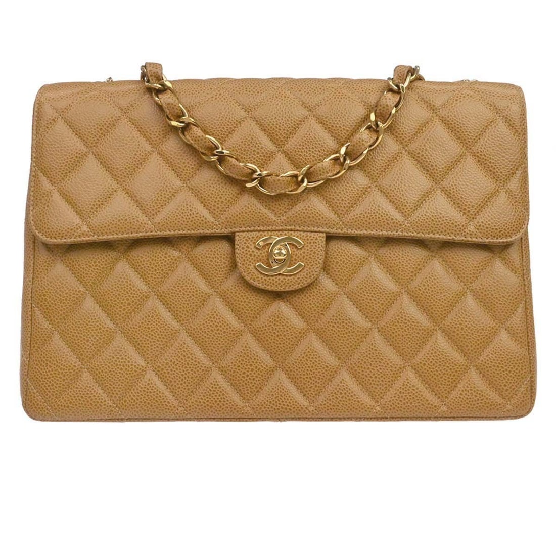 Beige Quilted Caviar Leather Jumbo Classic Flap Shoulder Bag by Chanel: Beige Quilted Caviar Leather Jumbo Classic Flap Shoulder Bag by Chanel This Chanel Jumbo Classic Flap shoulder bag features beige caviar skin leather with a signature quilted design and a flap turnloc