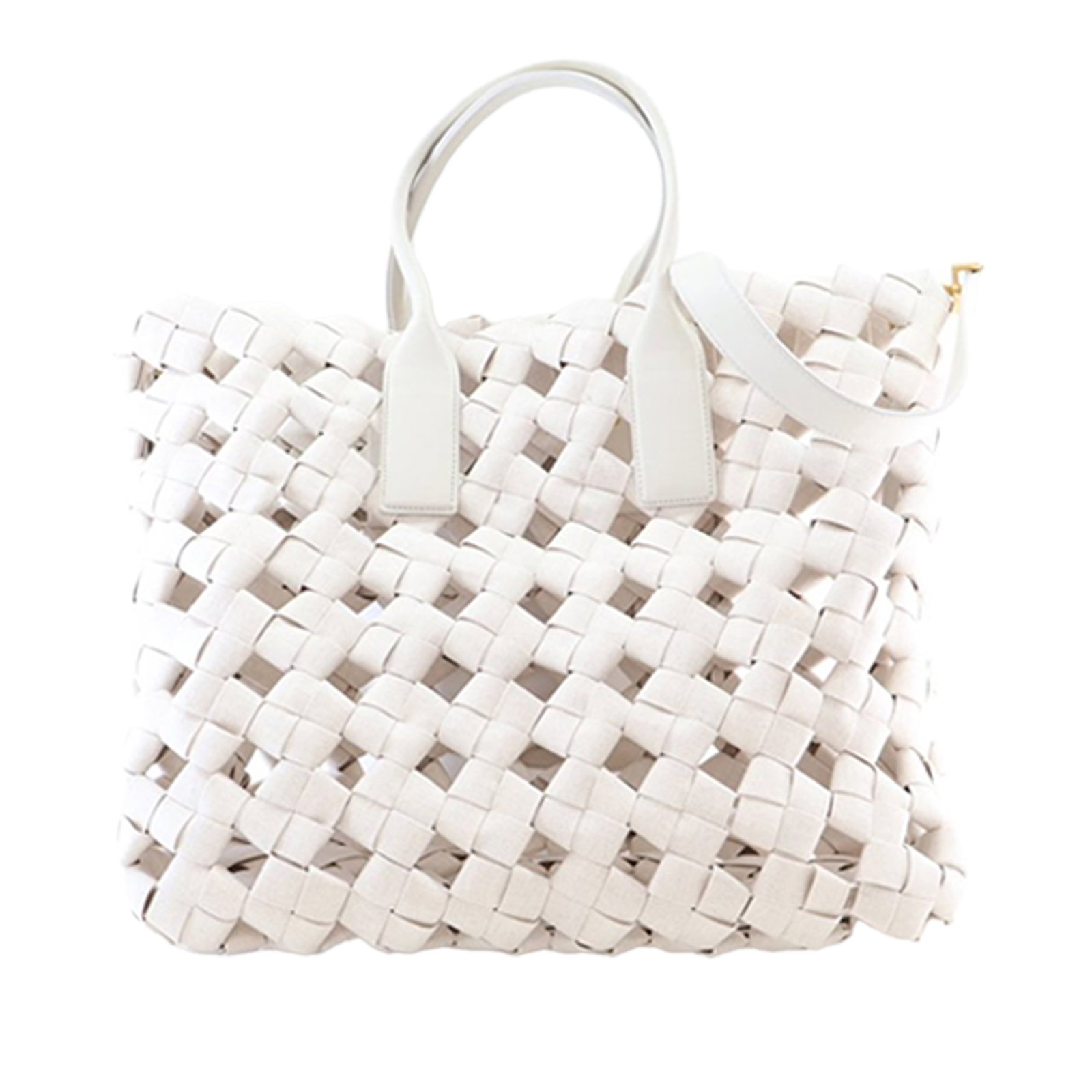 Bottega Veneta Beige Canvas Satchel with Woven Detailing and Leather Handles: Bottega Veneta Beige Canvas Satchel with Woven Detailing and Leather Handles This Bottega Veneta Canvas Window Woven Satchel features a woven canvas body with rolled leather handles and a detachable f
