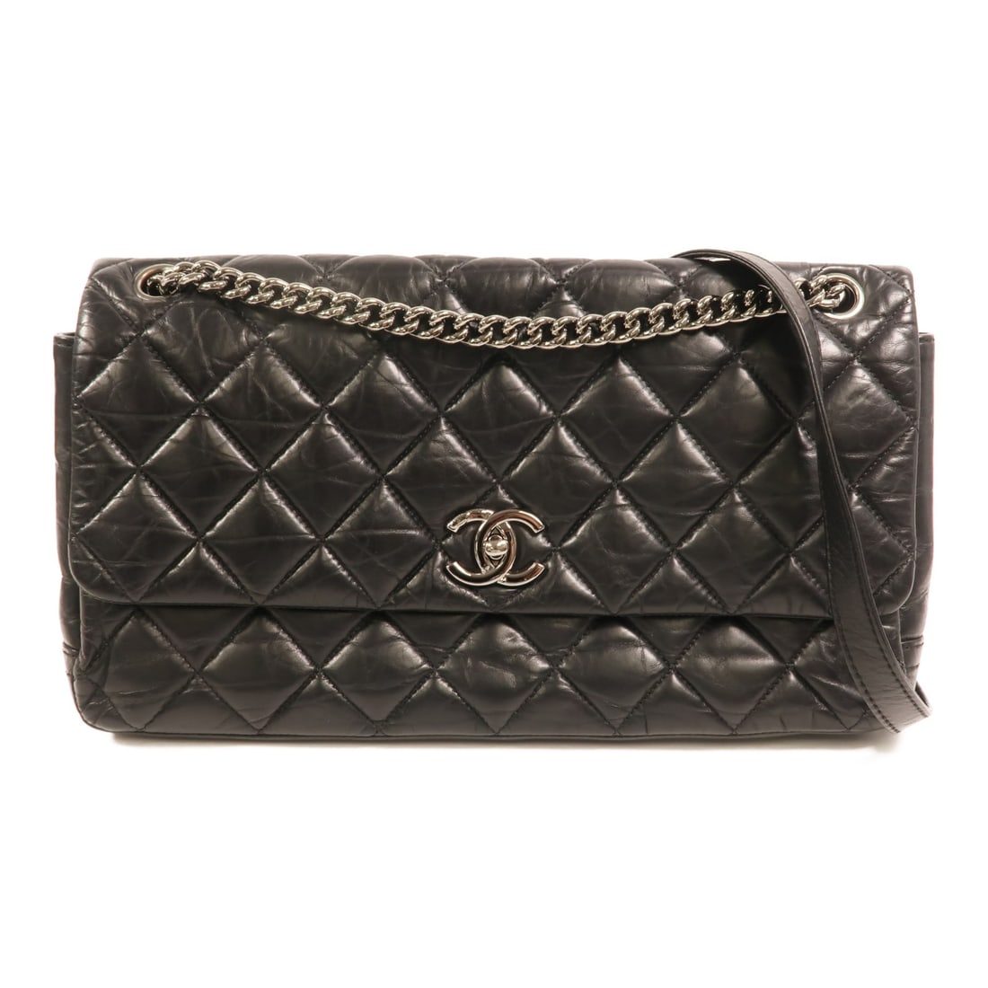 Chanel Black Calfskin Leather Shoulder Bag with Silver Chain CC Logo (1 of 17)