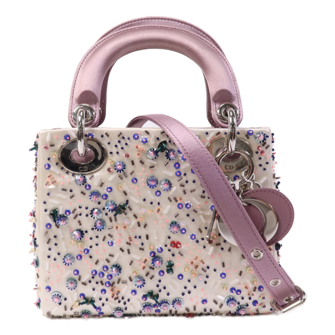 Dior Mini Lady Dior Beaded Satin Ivory Purple Two Way Shoulder Bag: Dior Mini Lady Dior Beaded Satin Ivory Purple Two Way Shoulder Bag This Christian Dior Mini Lady Dior 2-way shoulder bag features a sophisticated design crafted with satin and adorned with bead detail
