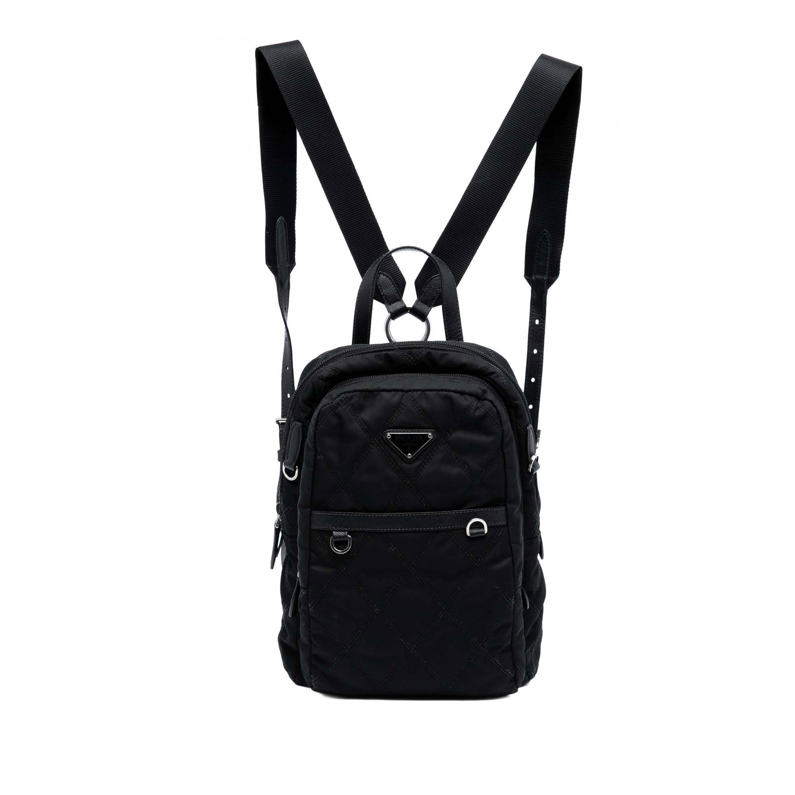 Black Quilted Nylon Prada Backpack with Saffiano Leather Details: Black Quilted Nylon Prada Backpack with Saffiano Leather Details This Prada backpack features a quilted nylon body with Saffiano leather trim, a flat leather top handle, adjustable flat back straps, a