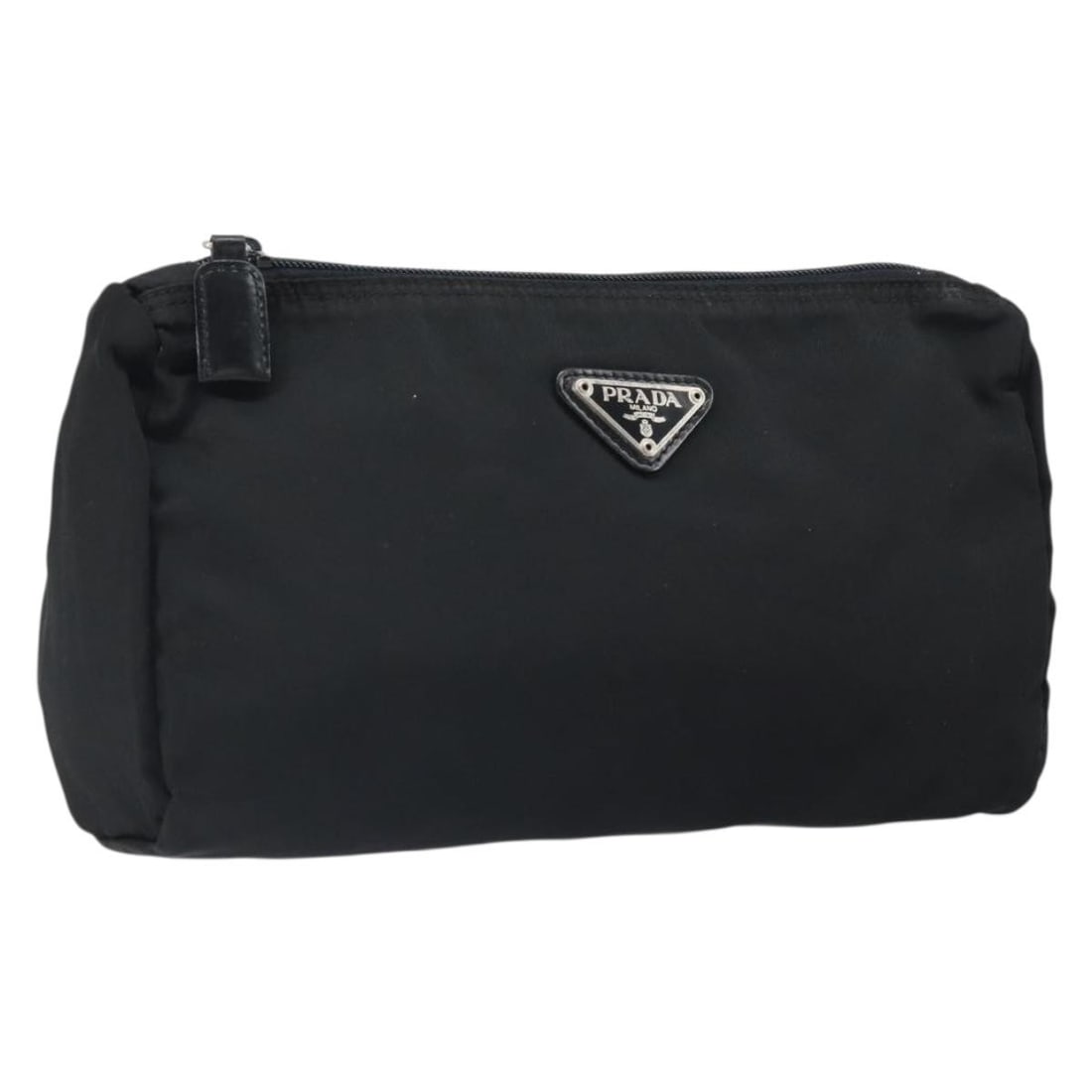 Black Nylon Prada Pouch with Silver Accents Made in Italy: Black Nylon Prada Pouch with Silver Accents Made in Italy This is a PRADA pouch crafted from durable black nylon with silver-tone details. Made in Italy, this pouch features a sleek, minimalist design