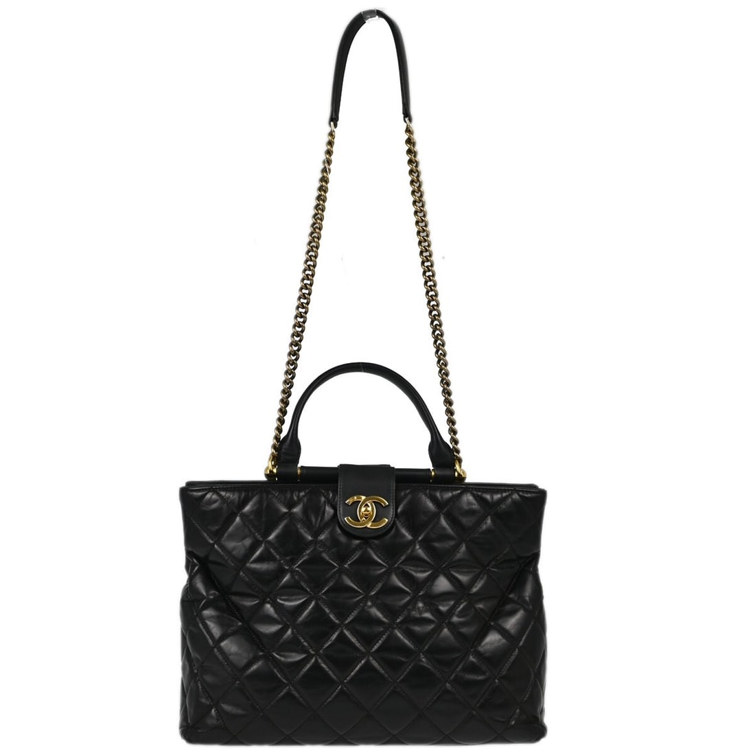 Chanel Quilted Black Calfskin 2-Way Handbag with Chain Strap: Chanel Quilted Black Calfskin 2-Way Handbag with Chain Strap This exquisite Chanel 2-way handbag is crafted from luxurious black calfskin, offering a perfect blend of style and functionality. With a s